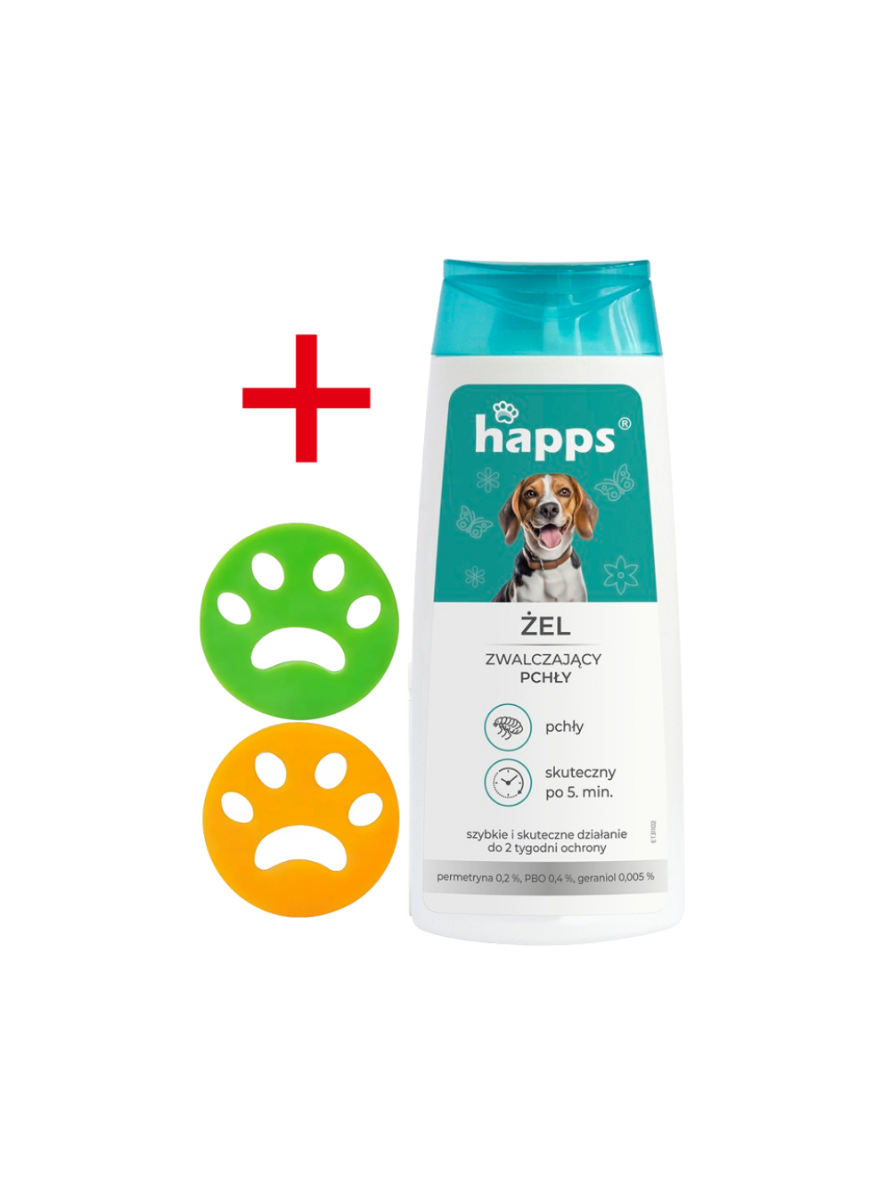 HAPPS - żel zwalczający pchły 150ml + 2x Czyścik do usuwania sierści - łapka GRATIS!!