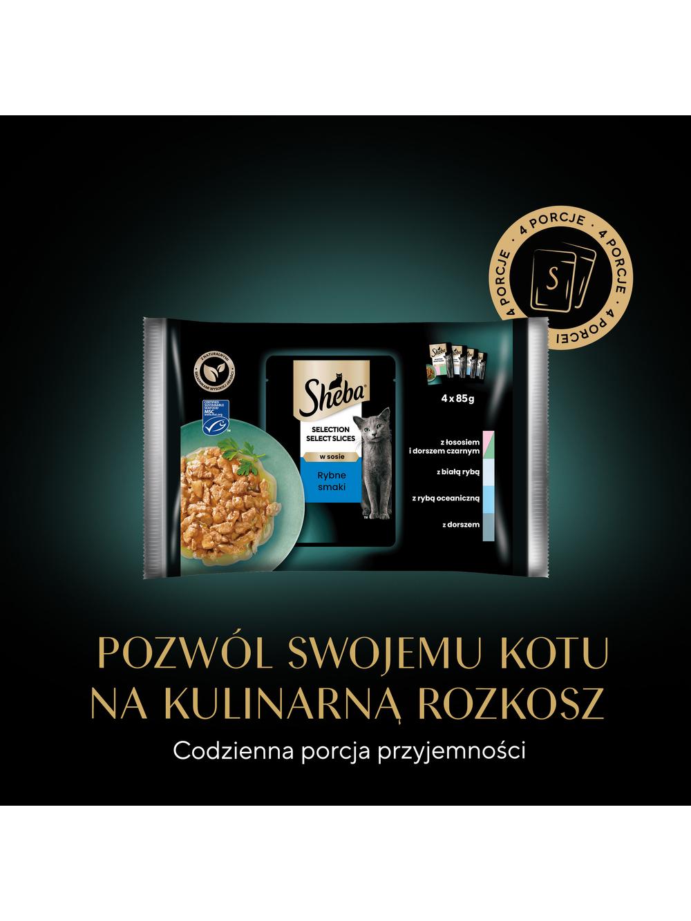 SHEBA Selection Select Slices Rybne Smaki saszetki 4x85 g – mokra karma pełnoporcjowa dla dorosłych kotów, w sosie (kawałki z: łososiem i dorszem czarnym, białą rybą, rybą oceaniczną, dorszem)