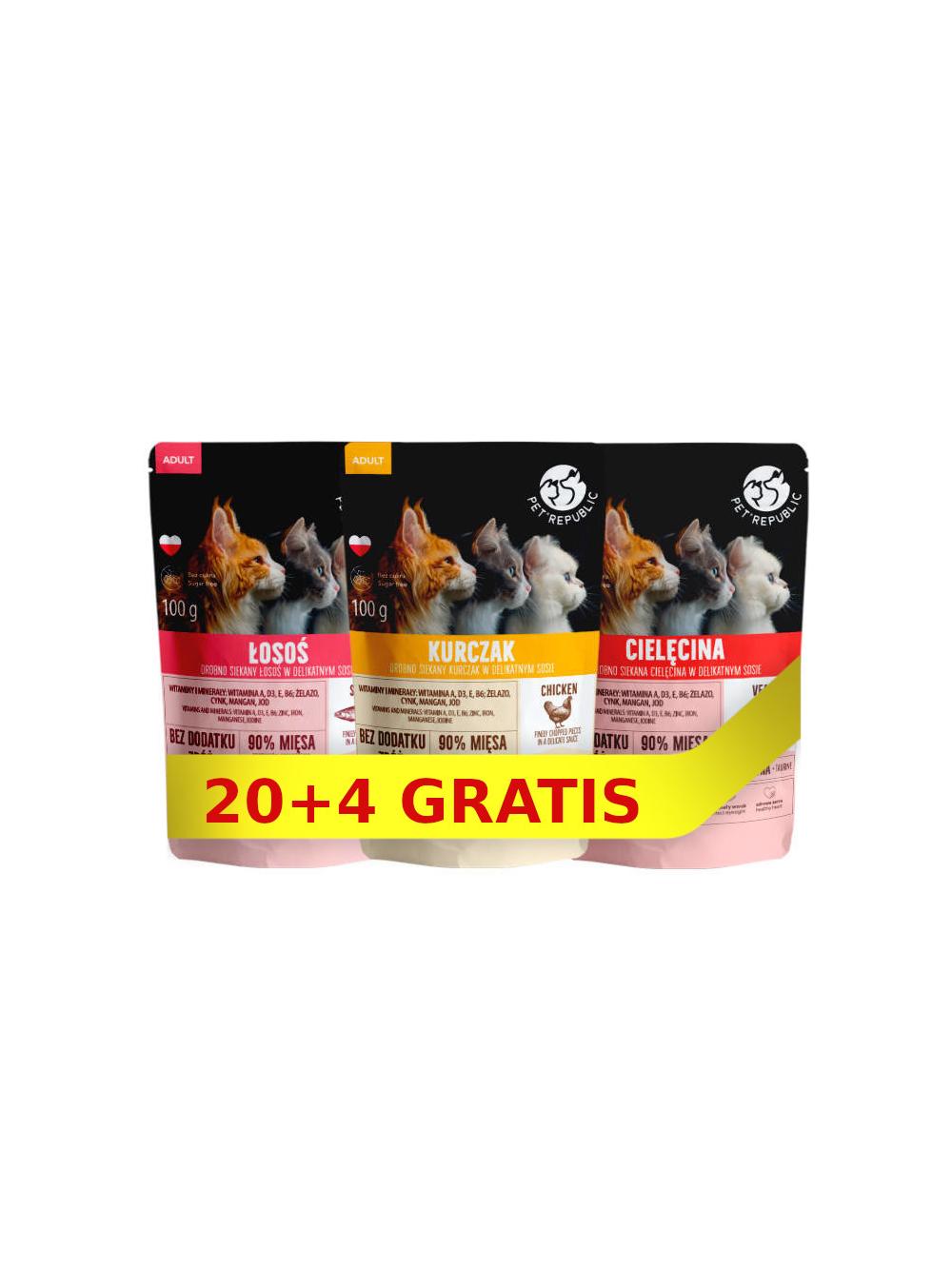PetRepublic drobno siekane kawałki w delikatnym sosie kurczak,cielęcina,łosoś 24x100g dla kota