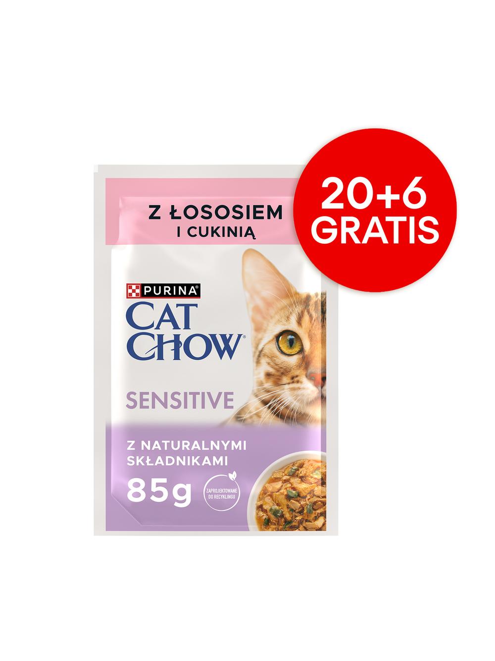 CAT CHOW Sensitive Karma dla kotów z łososiem i cukinią w sosie 85g Saszetka 20+6 GRATIS