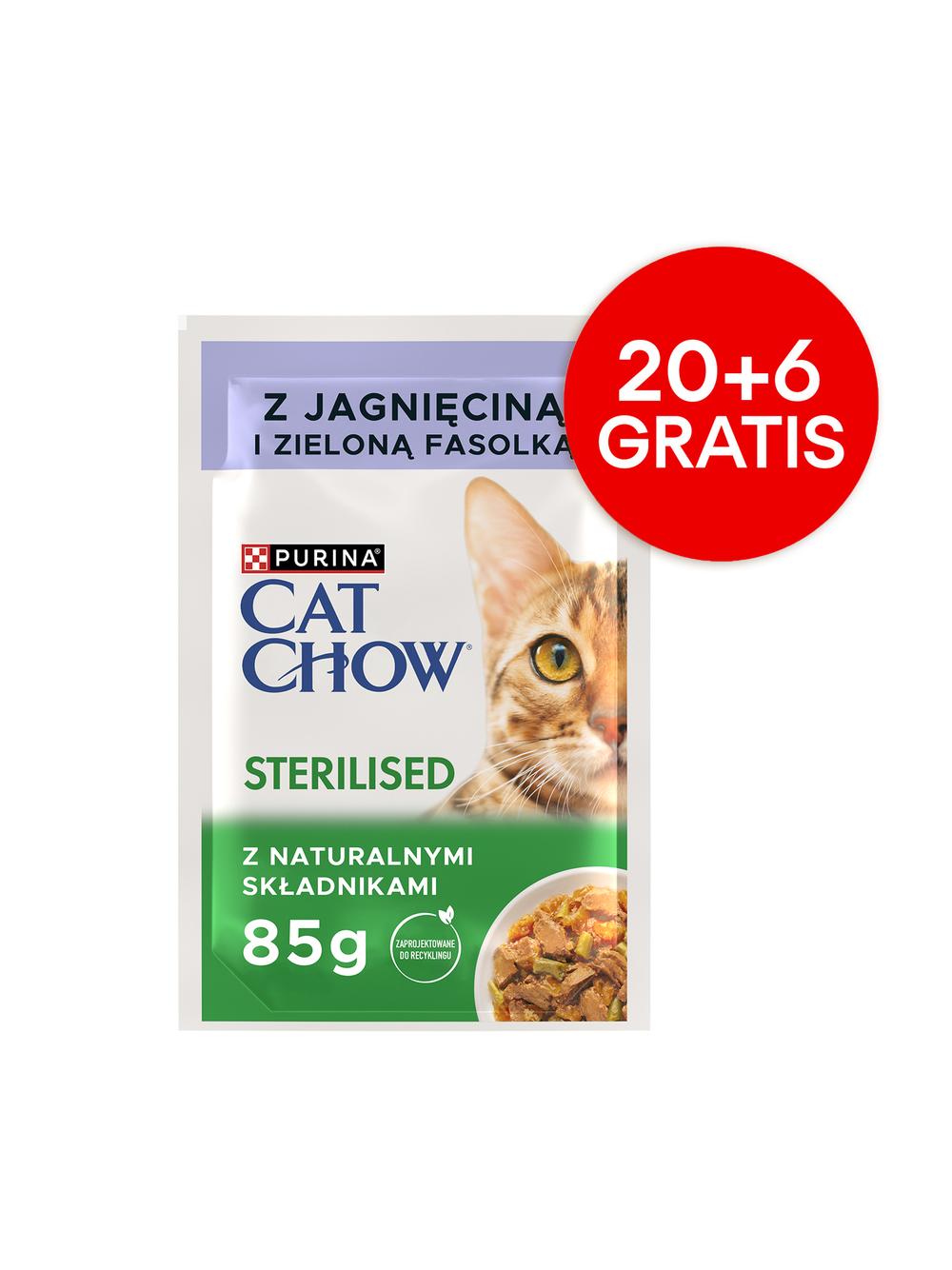 CAT CHOW Sterilised Karma dla kotów z jagnięciną i zieloną fasolką w sosie 85g Saszetka 20+6 GRATIS