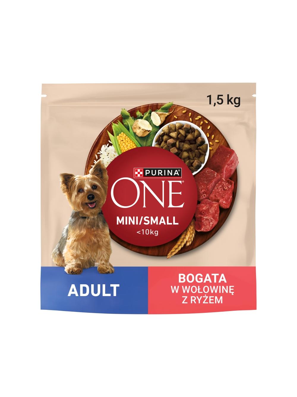 Purina One Adult Mini/Small Karma dla dorosłych psów bogata w wołowinę z ryżem 1,5 kg/Opakowanie uszkodzone (9372) !!!