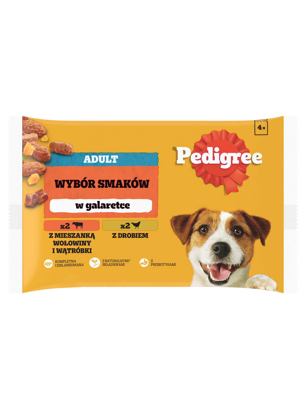 PEDIGREE Adult saszetka 4x100 g - Wybór Smaków w Galaretce, mokra karma pełnoporcjowa w galaretce dla dorosłych psów (kawałki bogate w mieszankę wołowiny i wątróbki oraz kawałki bogate w drób)