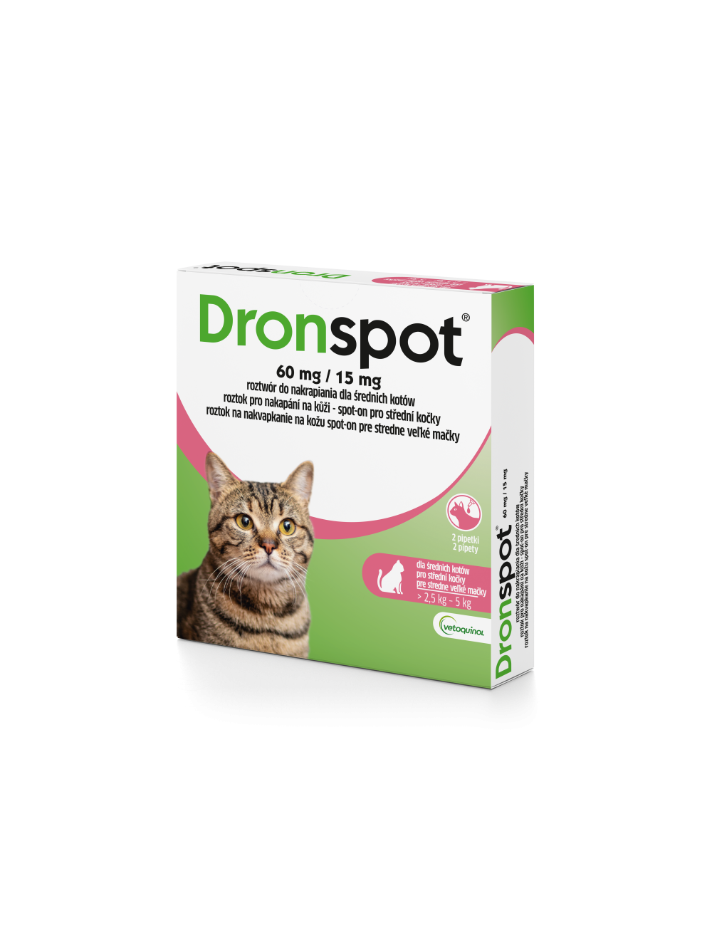 VETOQUINOL Dronspot - roztwór do nakrapiania dla średnich kotów o masie ciała od 2,5 do 5kg (2x0,7ml)