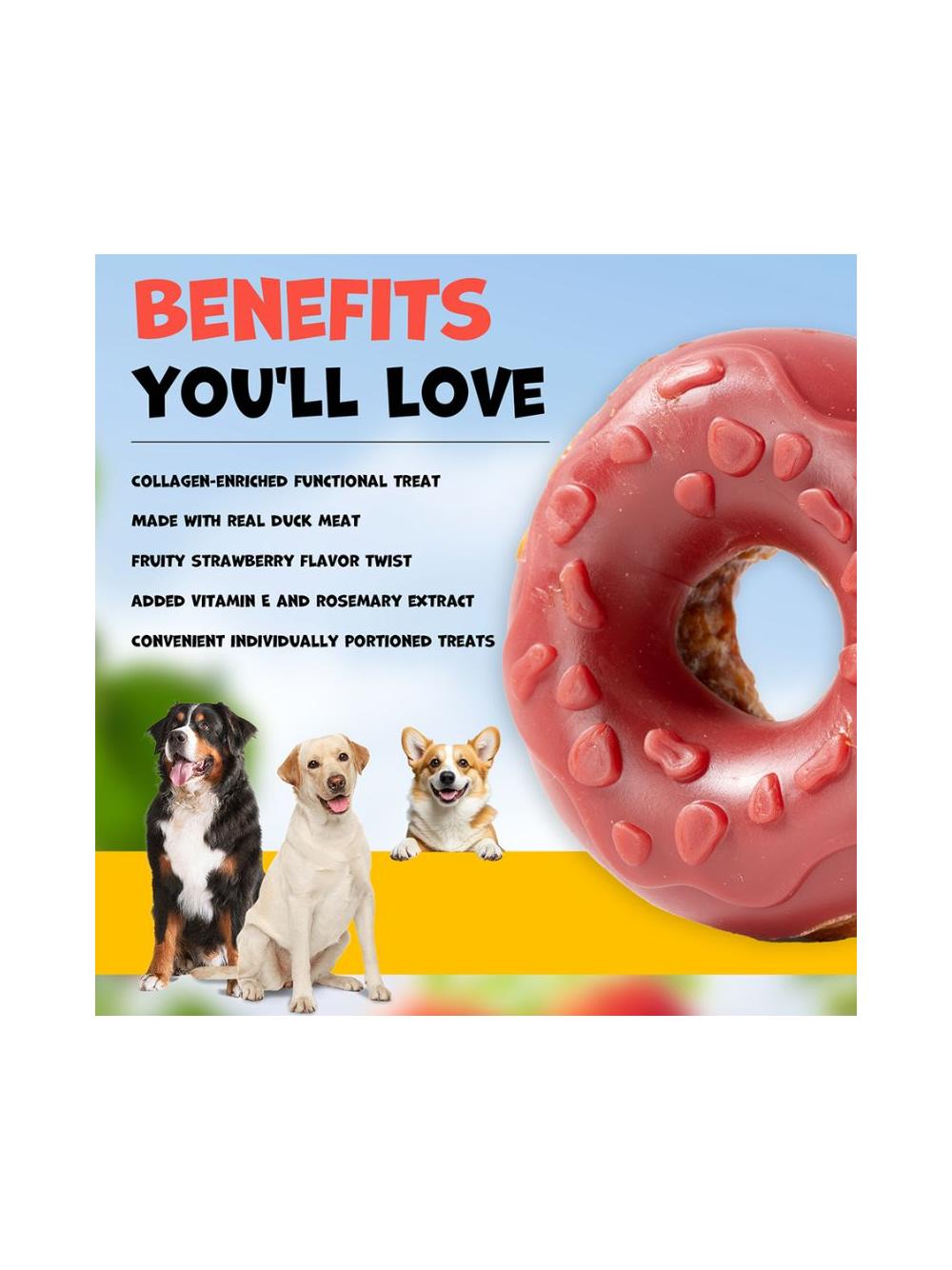 WILD FARM donut kolagenowy z kaczką i truskawkami 7cm 50g przysmak dla psa
