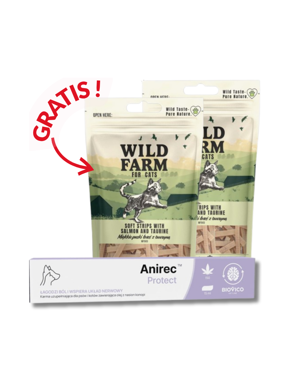 BIOVICO Anirec Protect 15ml pasta CBD olej konopny dla psa i kota 15ml+ GRATIS WILD FARM miękkie paski łosoś z tauryną 2x50g