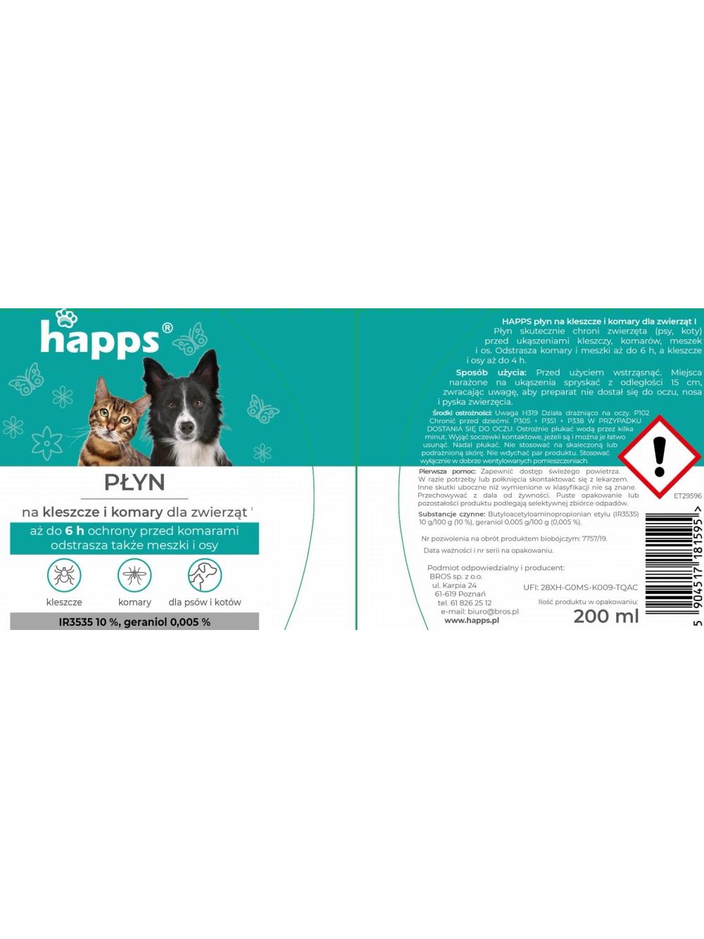 HAPPS - płyn na kleszcze i komary dla zwierząt 200ml