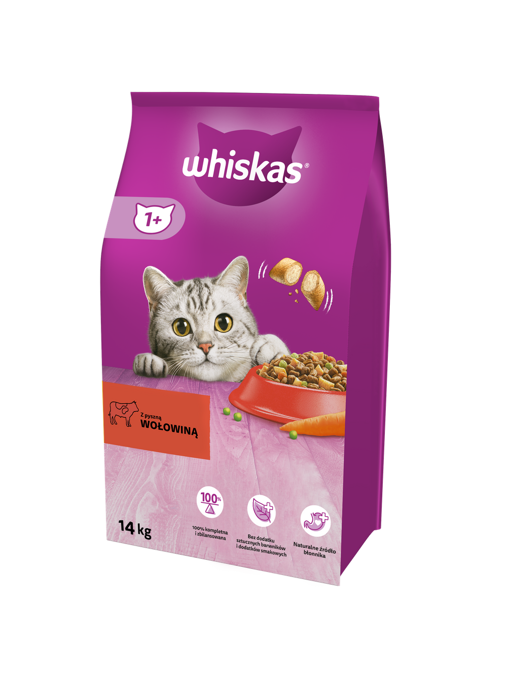 WHISKAS Adult 14 kg - sucha karma dla dorosłego kota, z pyszną wołowiną / Opakowanie uszkodzone (9471,9482) !!!