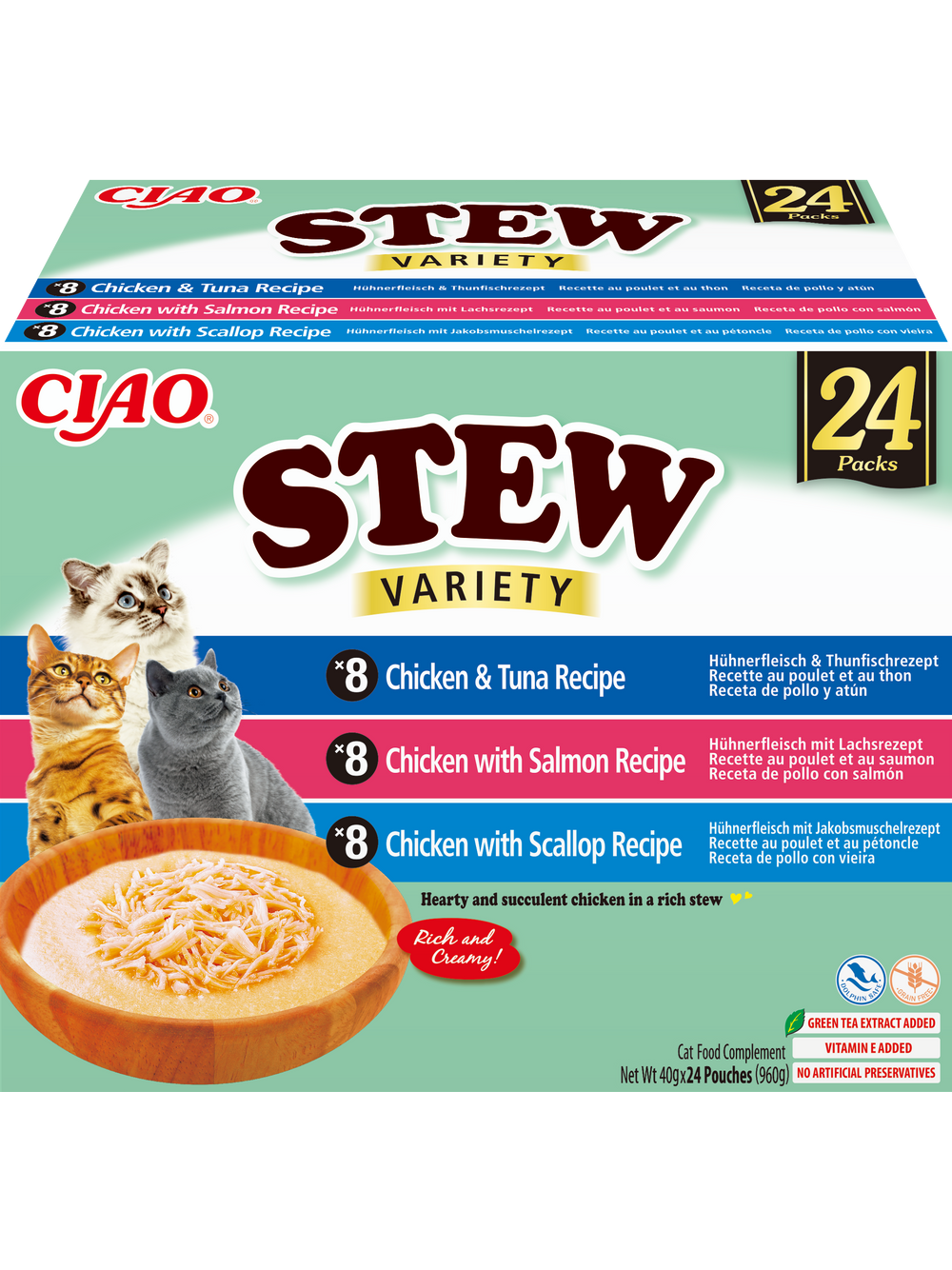 INABA Cat Ciao Stew - karma uzupełniająca dla kota o smaku kurczaka, tuńczyka, łososia i przegrzebek 24x40g