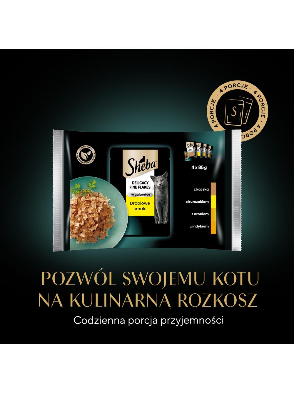 SHEBA Delicacy Fine Flakes Drobiowe Smaki saszetki 4x85 g – mokra karma pełnoporcjowa dla dorosłych kotów, w galaretce (kawałki z: kaczką, kurczakiem, drobiem, indykiem)