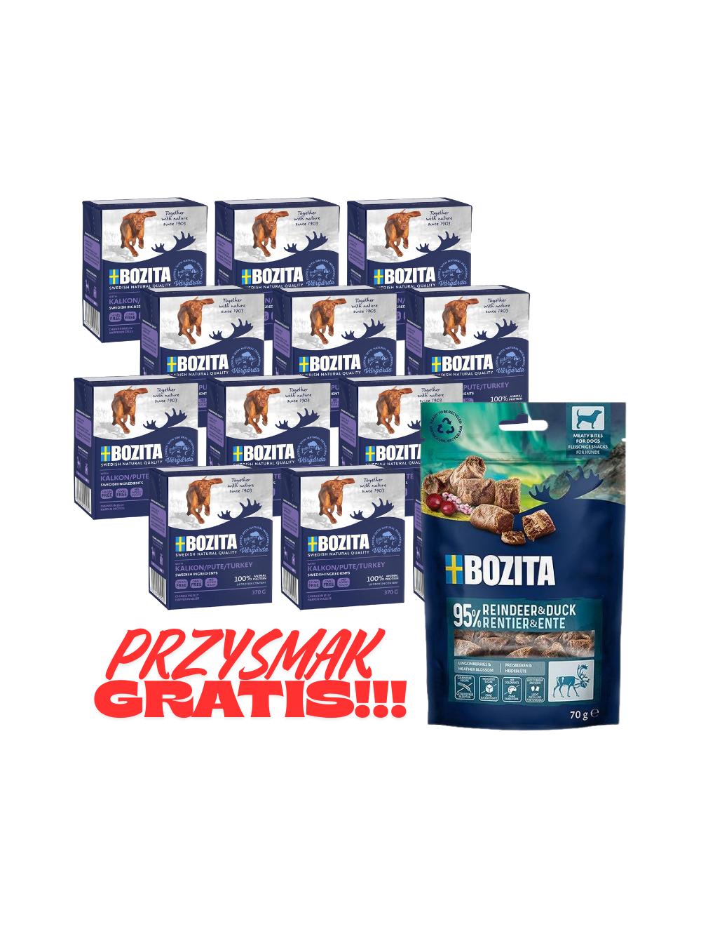 BOZITA Dog: Indyk w galarecie 12x370g + BOZITA Meaty Bites renifer z kaczką przysmak pies 70g GRATIS!!!