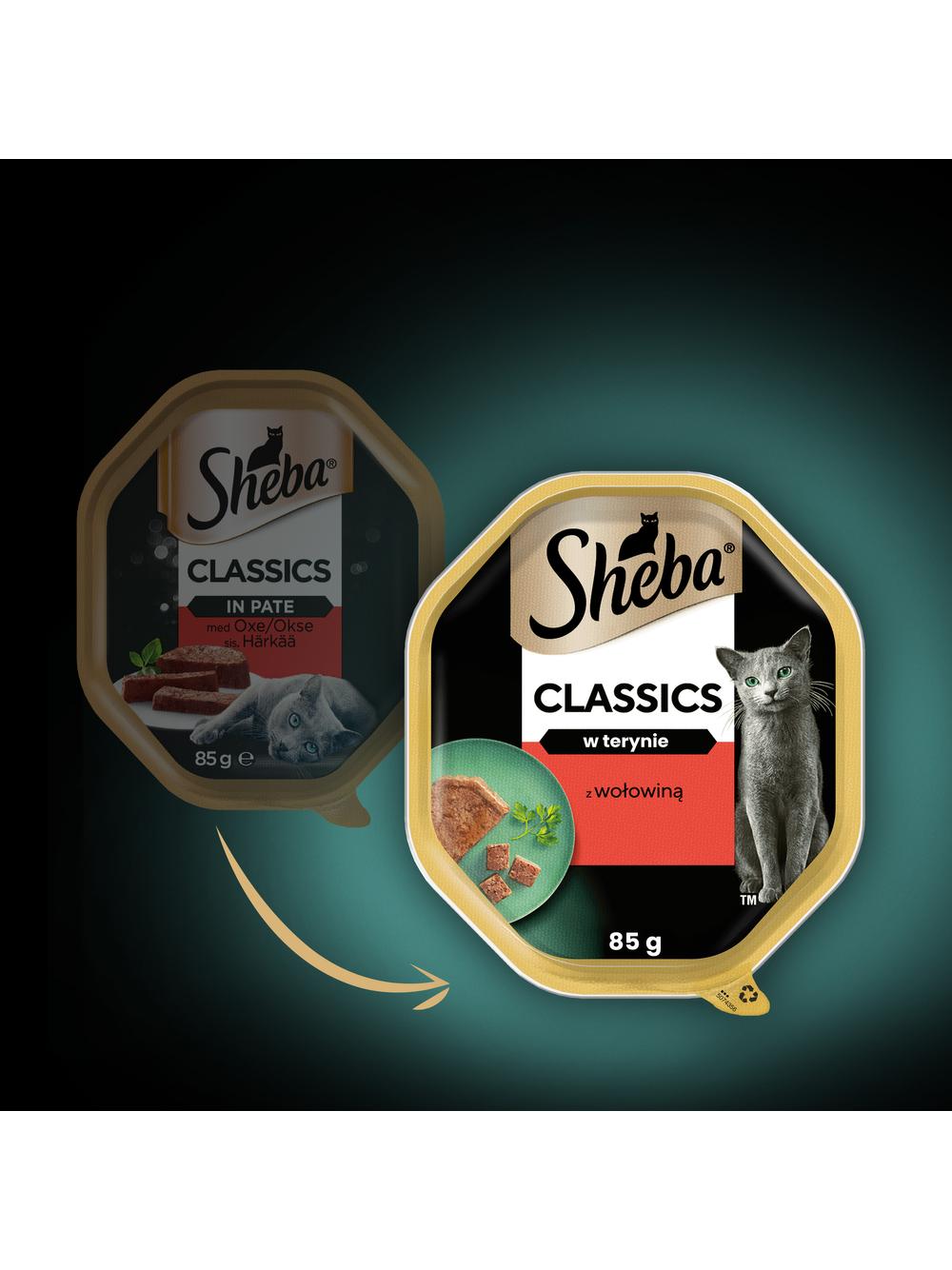 SHEBA Classics tacka 22x85 g – mokra karma pełnoporcjowa dla dorosłych kotów, z wołowiną, w terynie