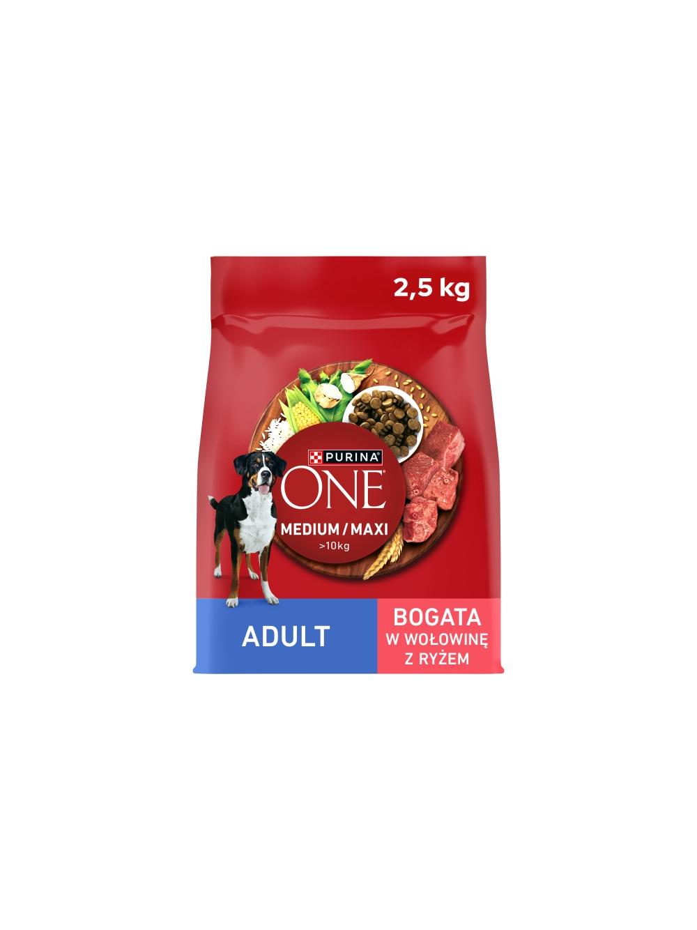 PURINA ONE Adult Medium/Maxi Karma dla dorosłych psów bogata w wołowinę z ryżem 2,5 kg