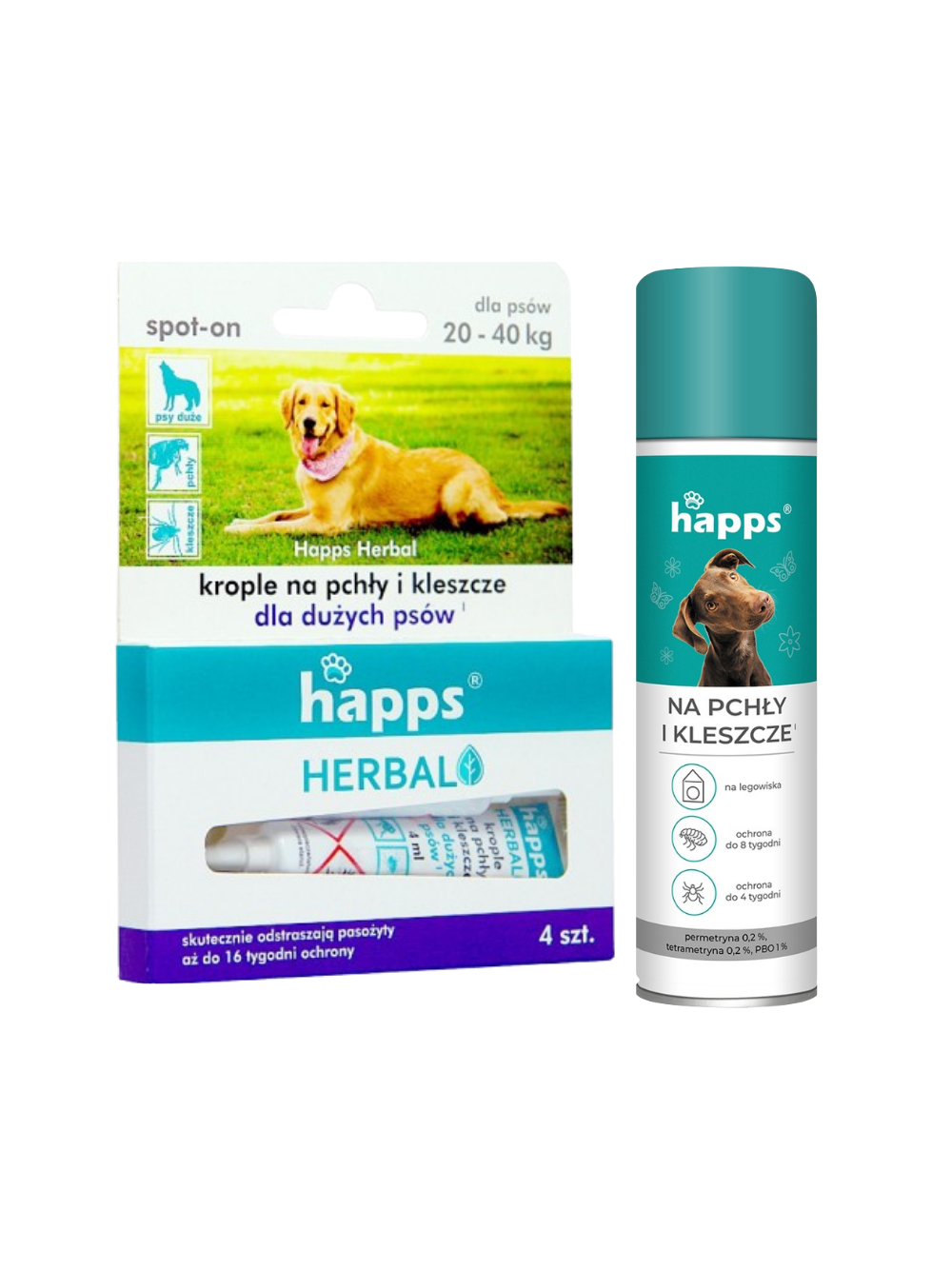 HAPPS Herbal - krople na pchły i kleszcze dla dużych psów 20-40kg + HAPPS -Aerozol na pchły i kleszcze 250ml