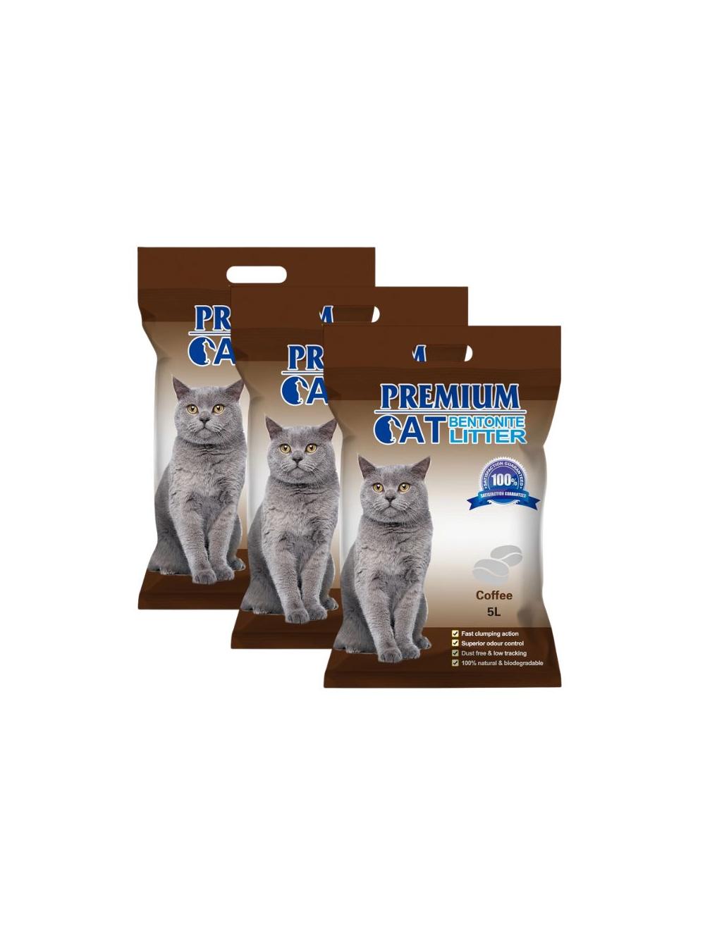 Premium Cat Żwirek Bentonitowy Zbrylający - Kawowy dla kota 3x5L