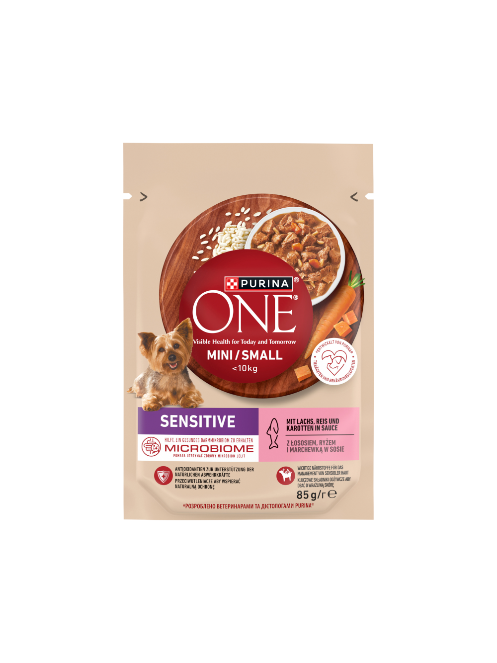 PURINA ONE Sensitive Mini/Small Karma dla dorosłych psów z łososiem i ryżem i marchewką w sosie 85g