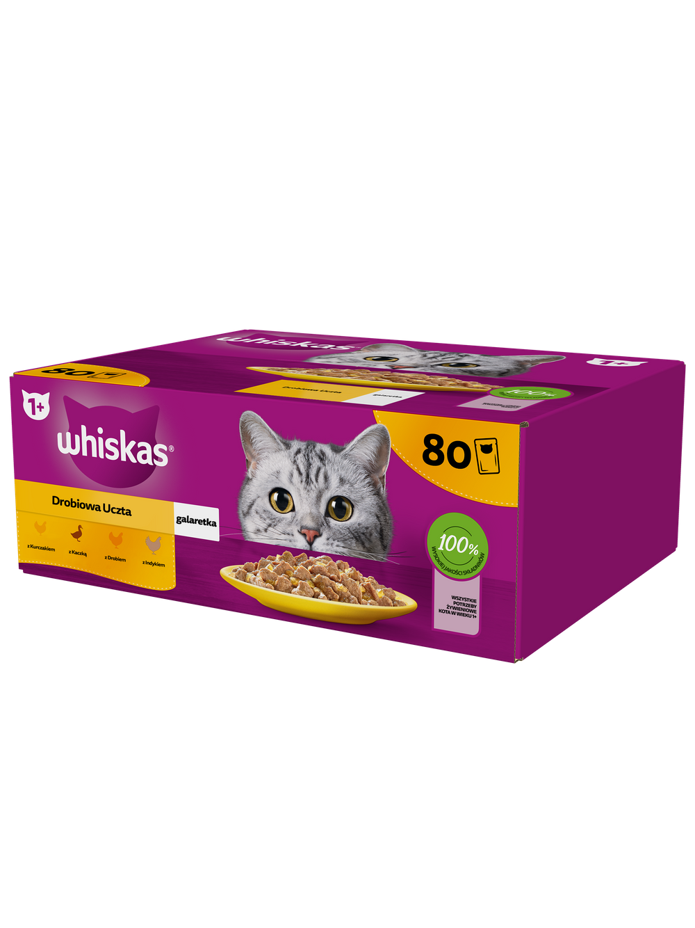 WHISKAS Adult saszetka 80 x 85 g Drobiowa Uczta - mokra karma dla dorosłego kota, w galaretce (kawałki z: kurczakiem, kaczką, drobiem, indykiem) + niespodzianka dla kota GRATIS!!!