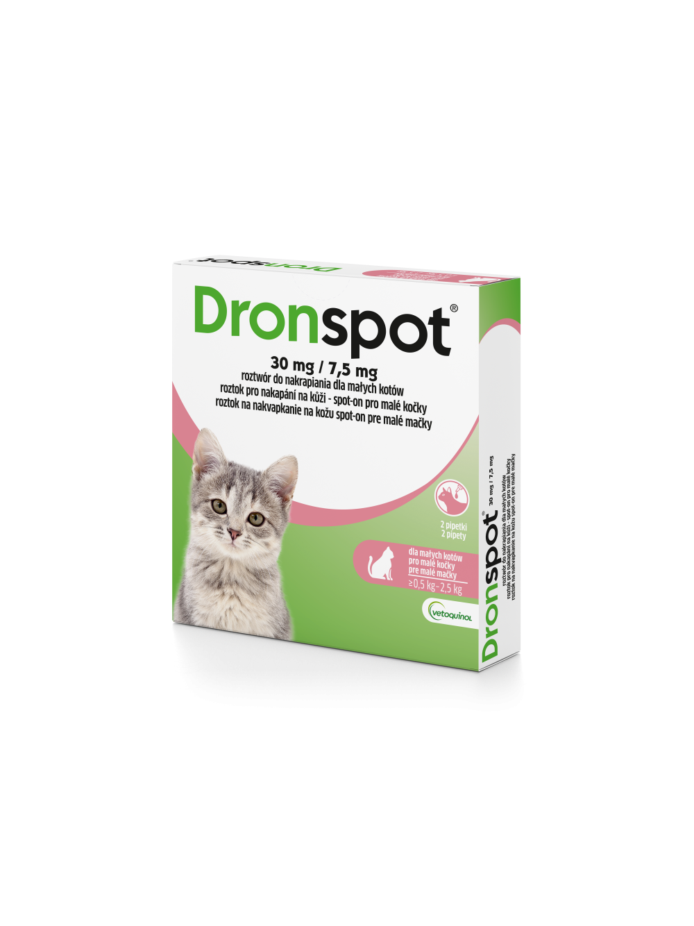 VETOQUINOL Dronspot Roztwór Do Nakrapiania Dla Małych Kotów o masie ciała od 0,5kg do 2,5kg 30mg/7,5mg (2x0,35ml)