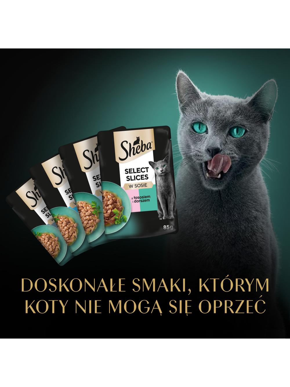SHEBA Selection Select Slices Rybne Smaki saszetki 4x85 g – mokra karma pełnoporcjowa dla dorosłych kotów, w sosie (kawałki z: łososiem i dorszem czarnym, białą rybą, rybą oceaniczną, dorszem)