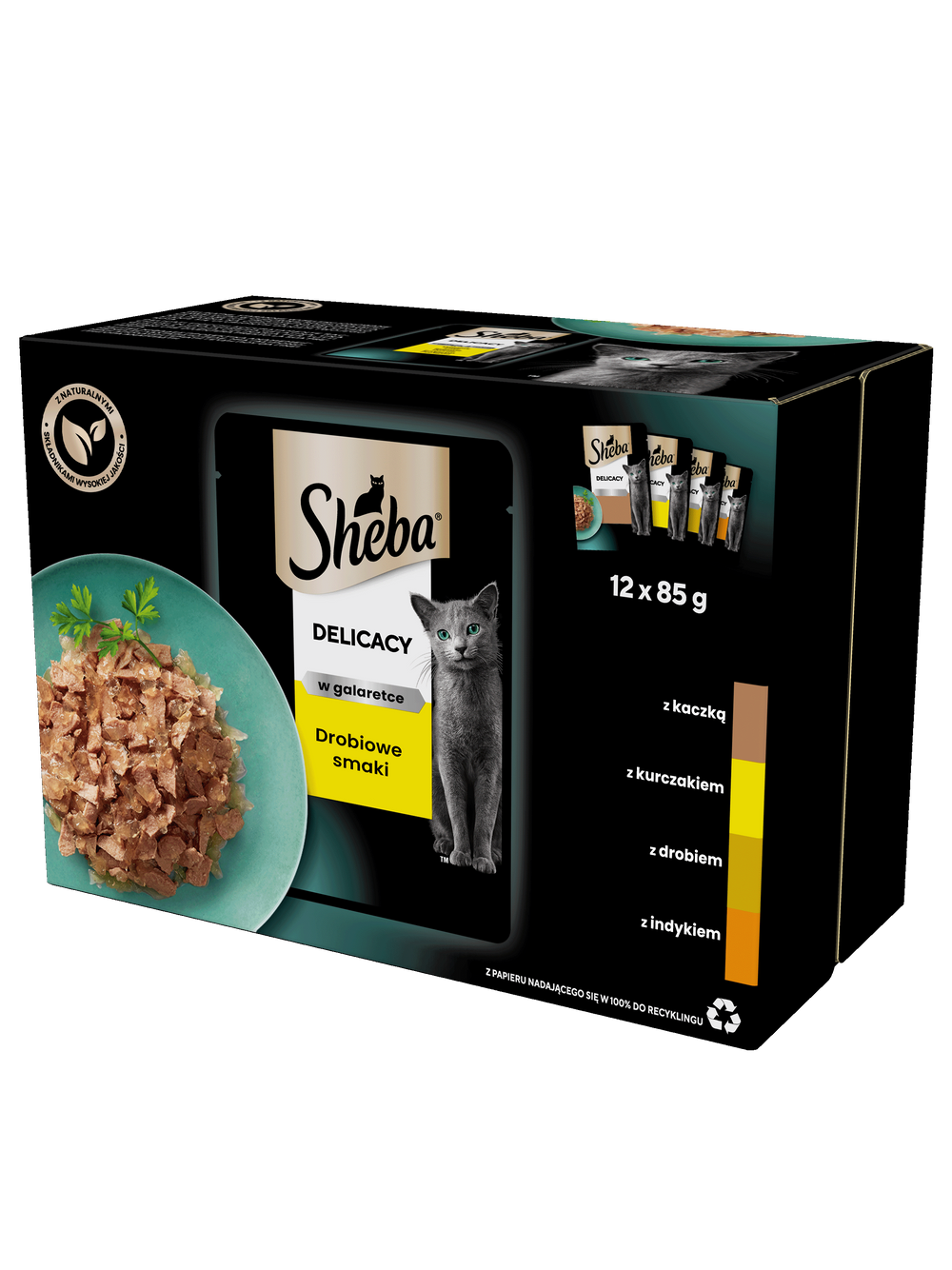 SHEBA Delicacy Drobiowe Smaki saszetki 12x85 g – mokra karma pełnoporcjowa dla dorosłych kotów, w galaretce (kawałki z: kaczką, kurczakiem, drobiem, indykiem)