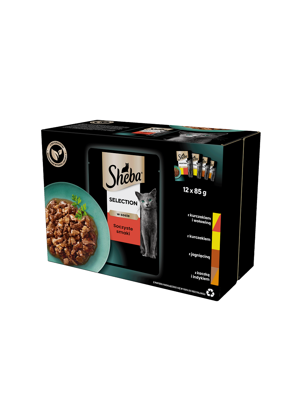 SHEBA saszetka 12x85g Selection in Sauce Soczyste Smaki - mokra karma dla kotów w sosie (z wołowiną, z jagnięciną, z kurczakiem, z indykiem)