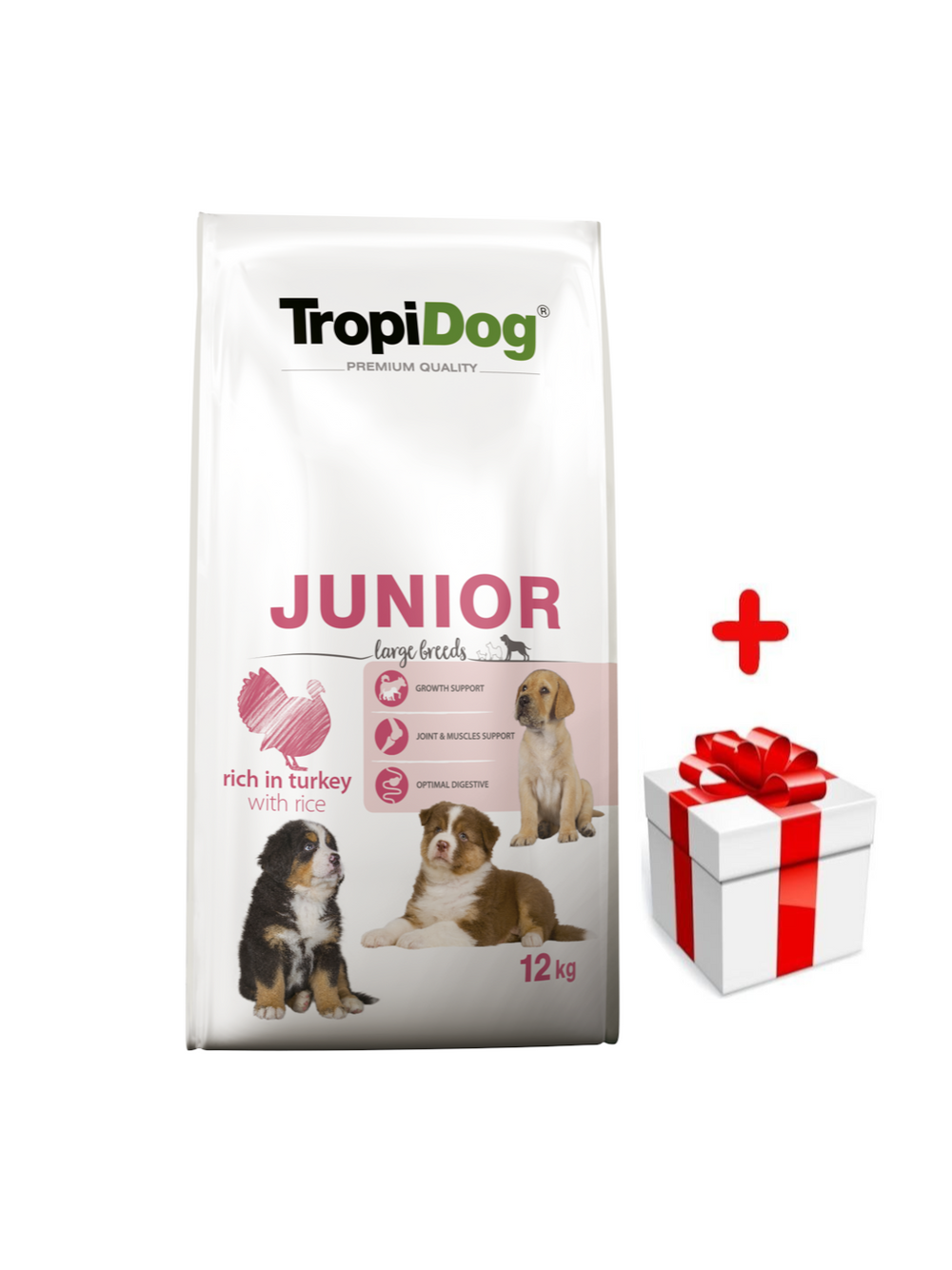 TROPIDOG Premium Junior L bogaty w indyka i ryż 12kg + niespodzianka dla psa GRATIS!