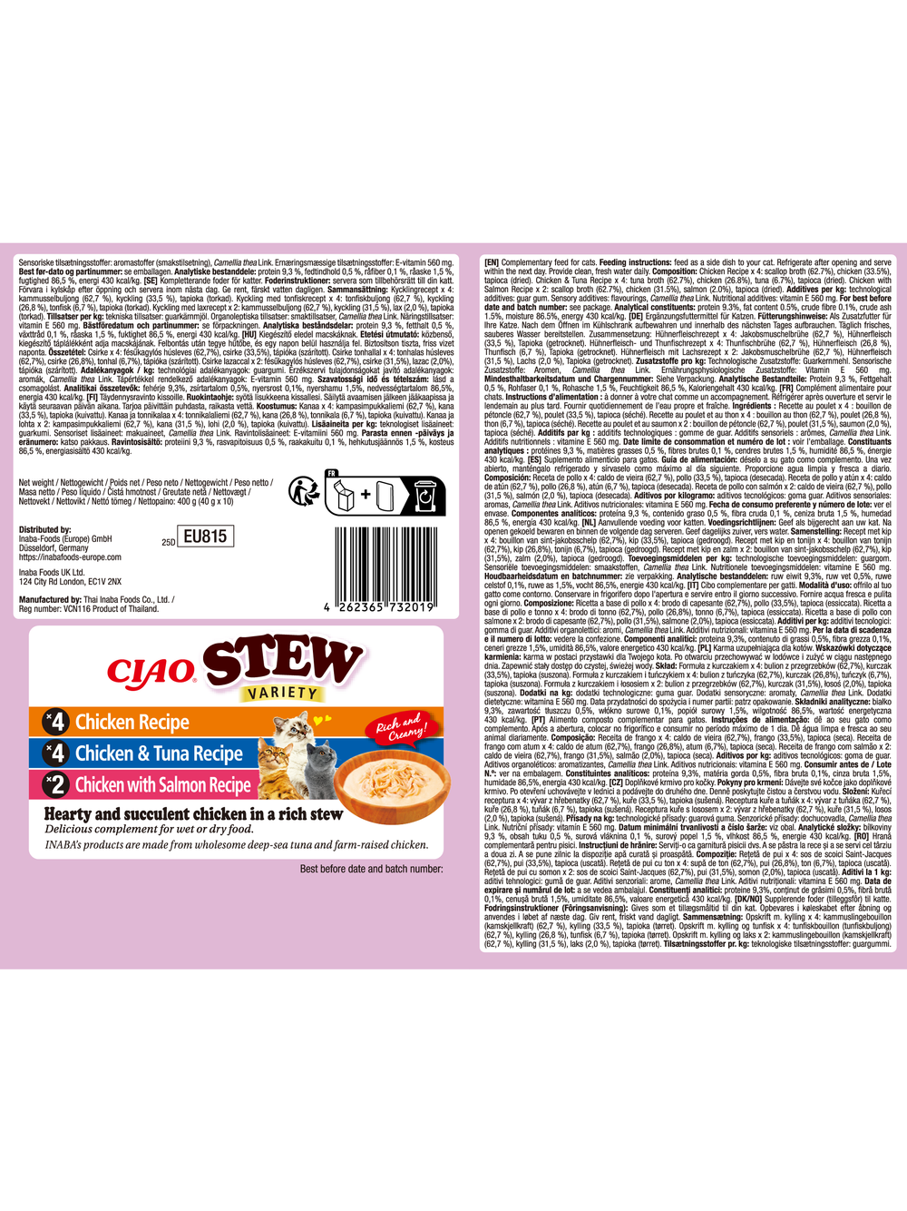 INABA Ciao Stew - karma uzupełniająca dla kota o smaku kurczaka, kurczaka i tuńczyka, kurczaka i łososia 10x40g