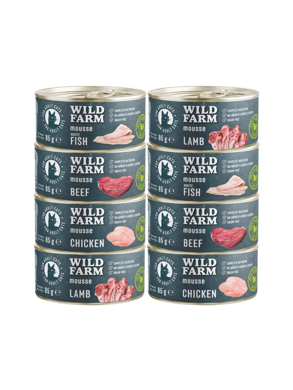 WILD FARM Mousse Mix smaków 8x85g - bezzbożowy mus dla kota