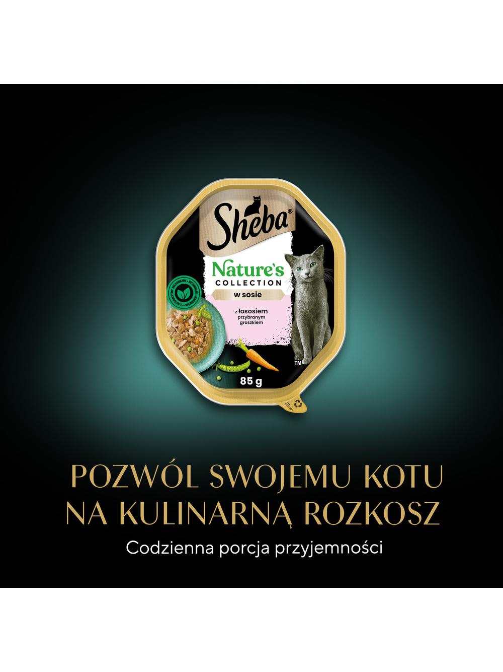 SHEBA Nature’s Collection tacka 22x85 g – mokra karma pełnoporcjowa dla dorosłych kotów, kawałki z łososiem przybranym groszkiem, w sosie