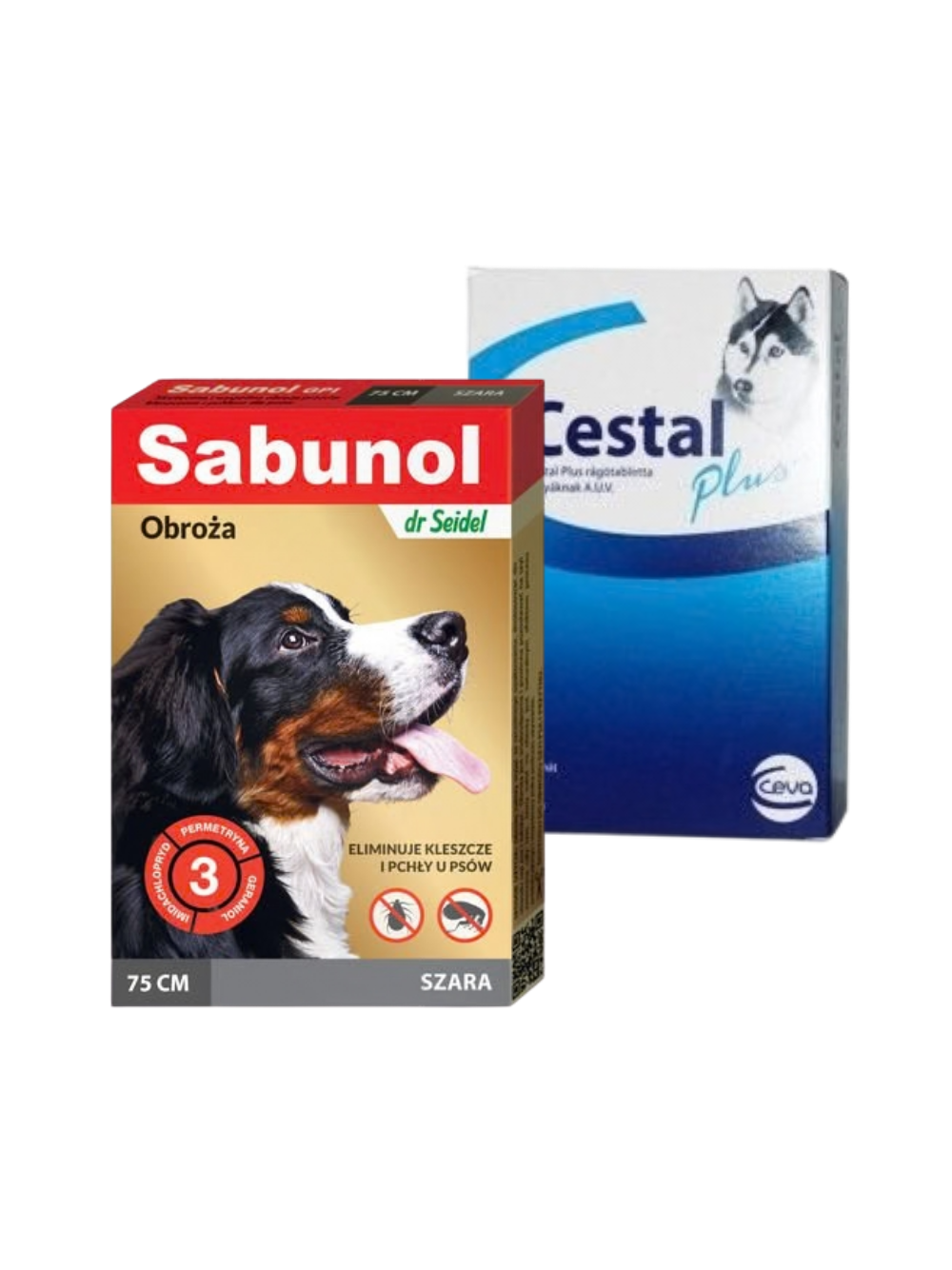 Sabunol szara obroża przeciw pchłom i kleszczom dla psa 75 cm+Cestal Dog Plus tabletki na odrobaczanie psów 2 sztuki