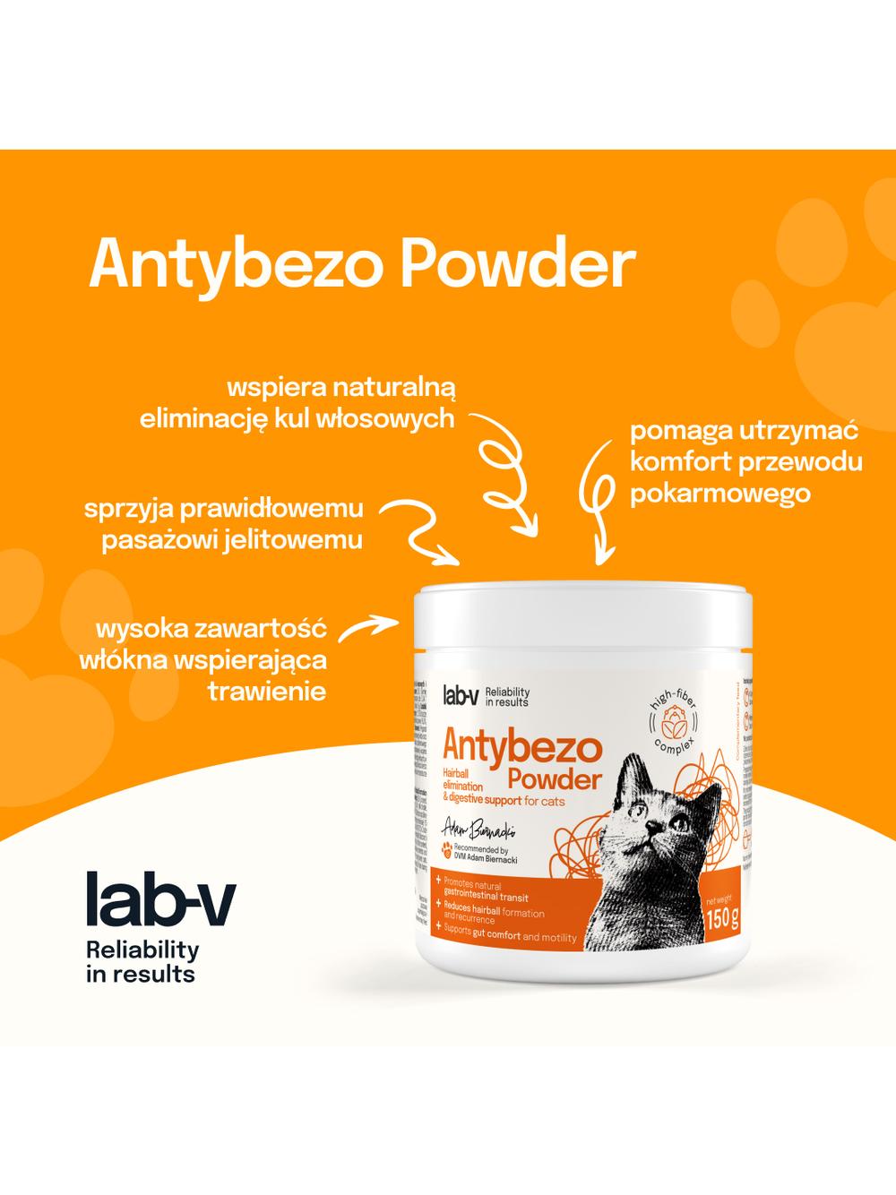 Lab-v Antybezo Powder – Wsparcie eliminacji kul włosowych i trawienia u kotów 150 g