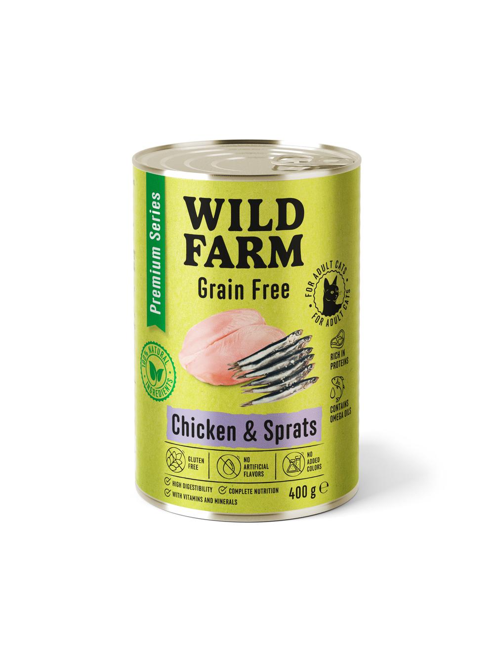 WILD FARM Premium Grain Free Chicken and Sprats 400g  - bezzbożowa karma dla kota