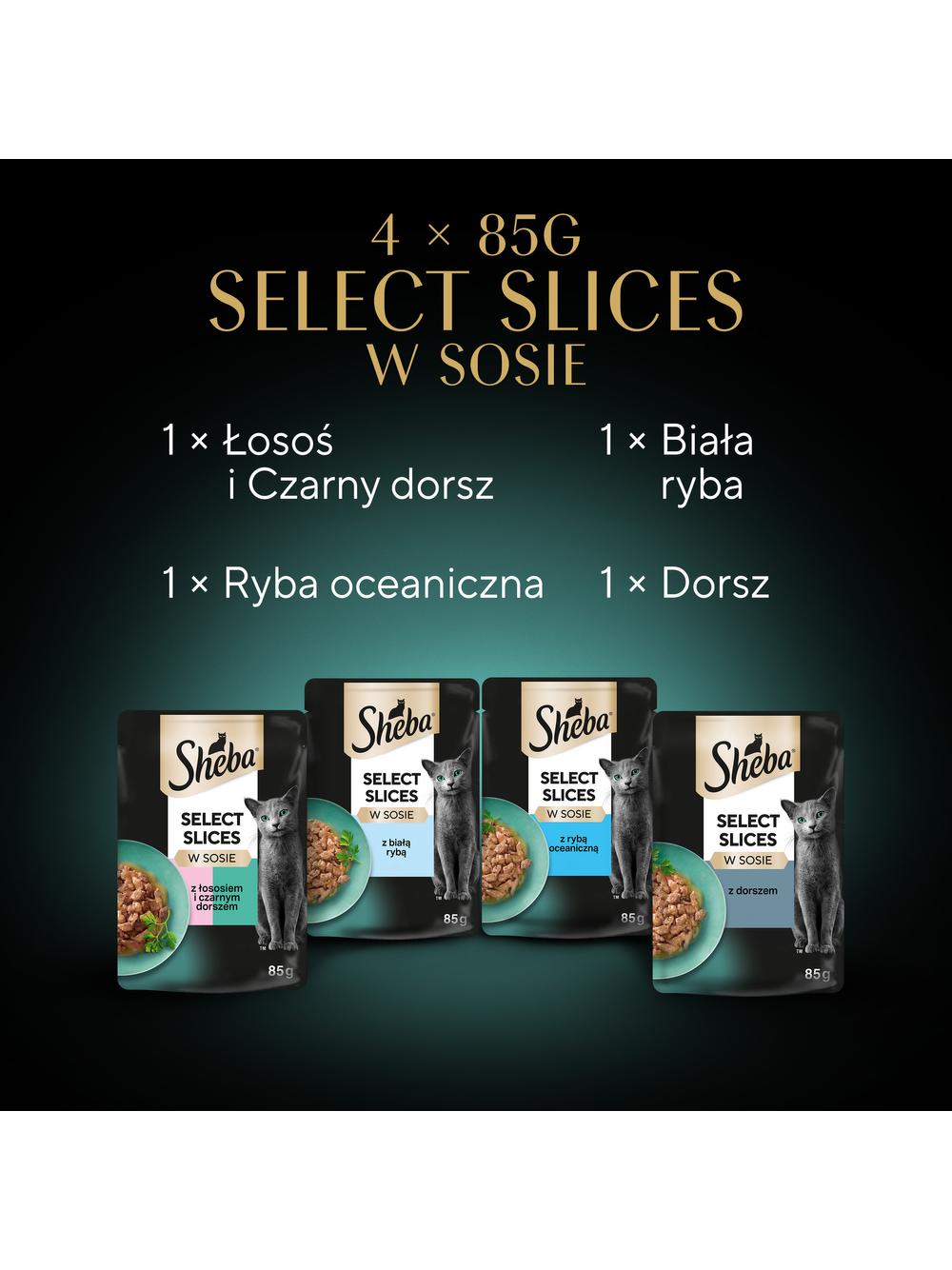 SHEBA Selection Select Slices Rybne Smaki saszetki 4x85 g – mokra karma pełnoporcjowa dla dorosłych kotów, w sosie (kawałki z: łososiem i dorszem czarnym, białą rybą, rybą oceaniczną, dorszem)