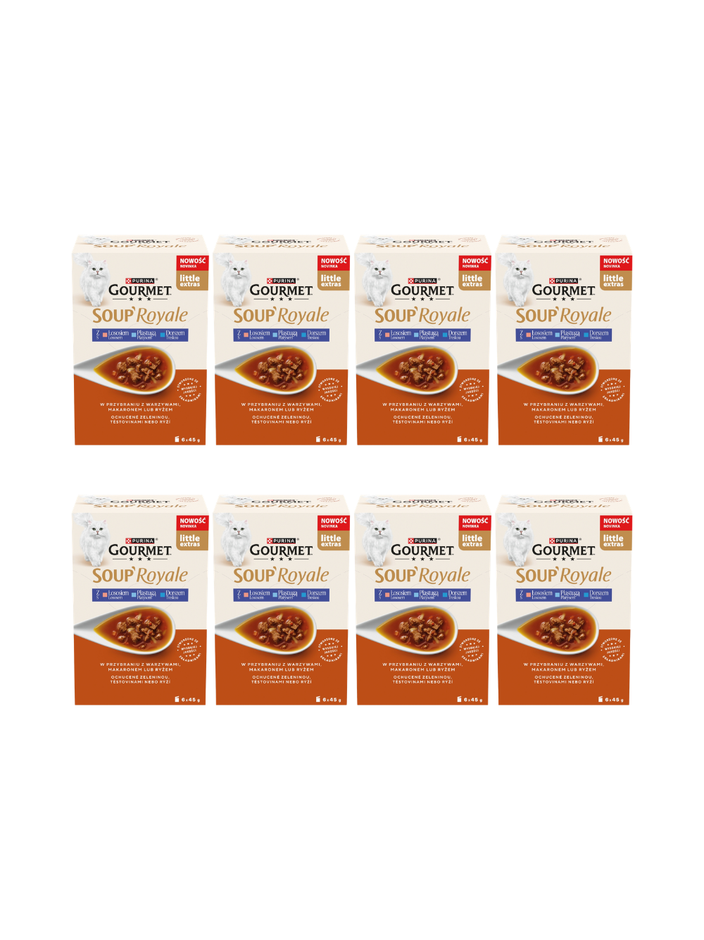 Gourmet Soup Royale Karma dla dorosłych kotów z łososiem płastugą dorszem 8x(6x45g)