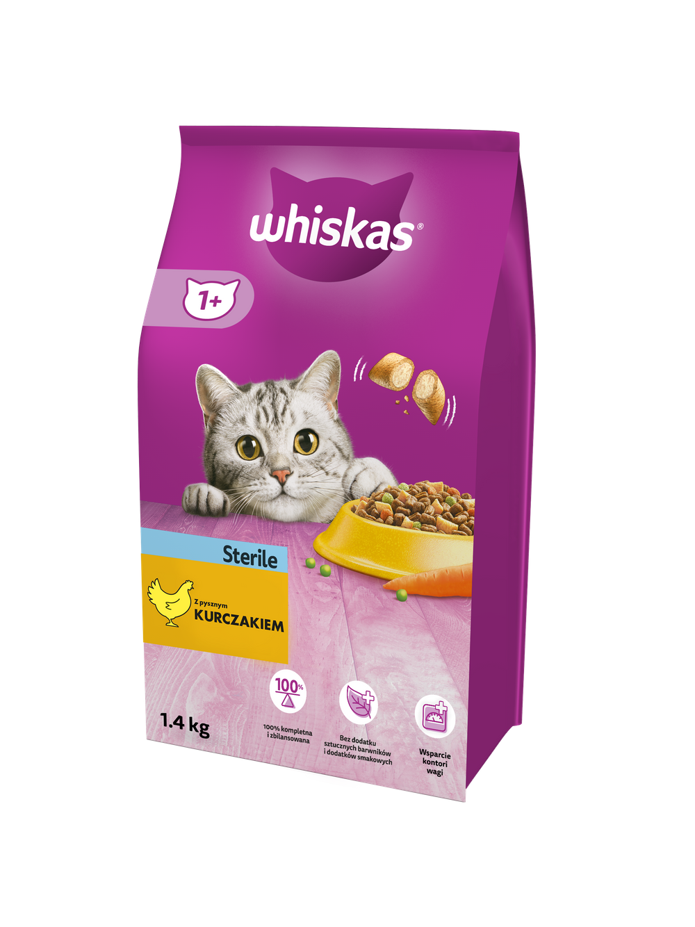 WHISKAS Sterile 3x1,4 kg - sucha karma dla dorosłego kota po zabiegu kastracji, z pysznym kurczakiem