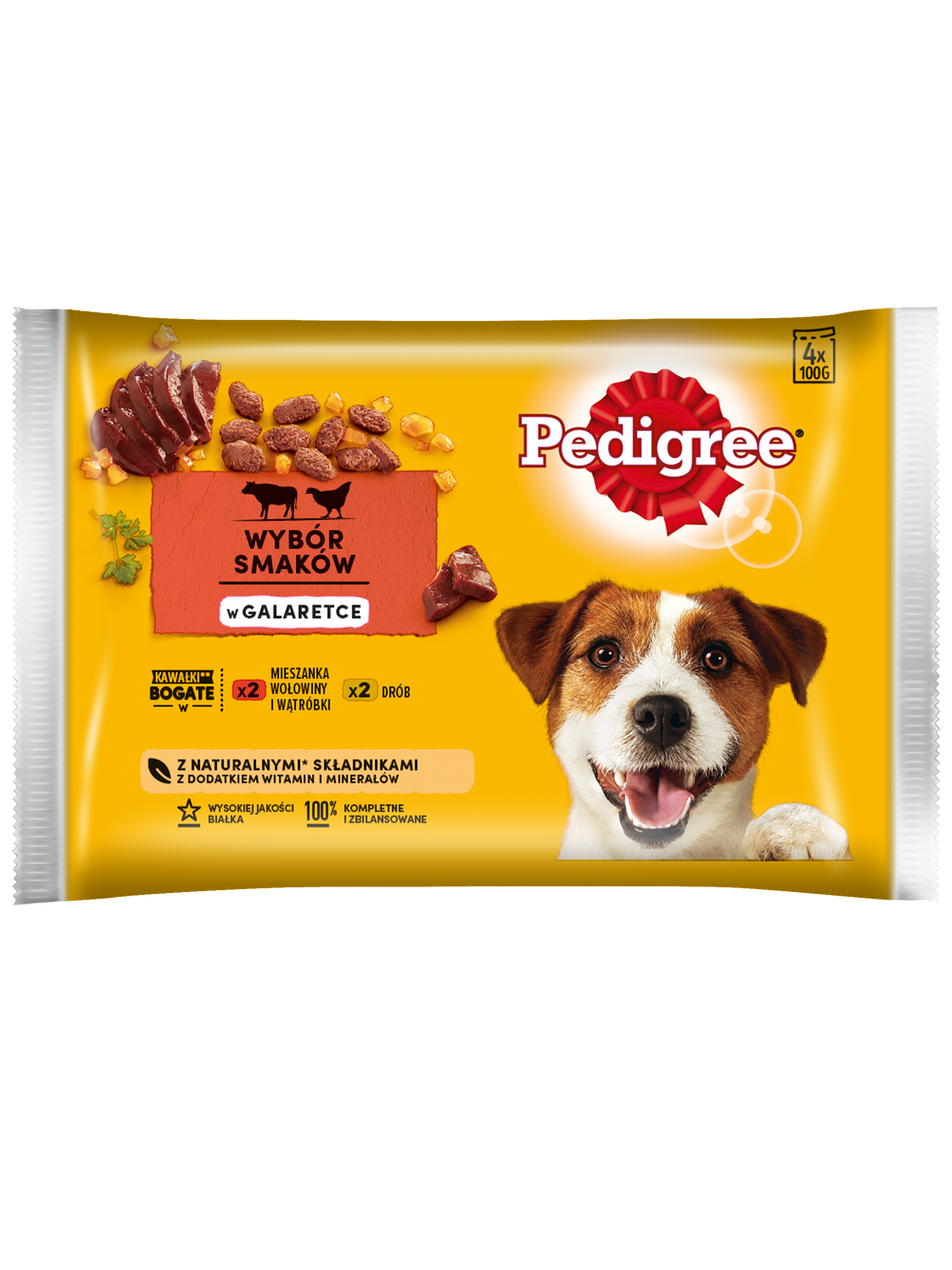 PEDIGREE Adult saszetka 13x(4x100g) - Wybór Smaków w Galaretce, mokra karma pełnoporcjowa w galaretce dla dorosłych psów (kawałki bogate w mieszankę wołowiny i wątróbki oraz kawałki bogate w drób)