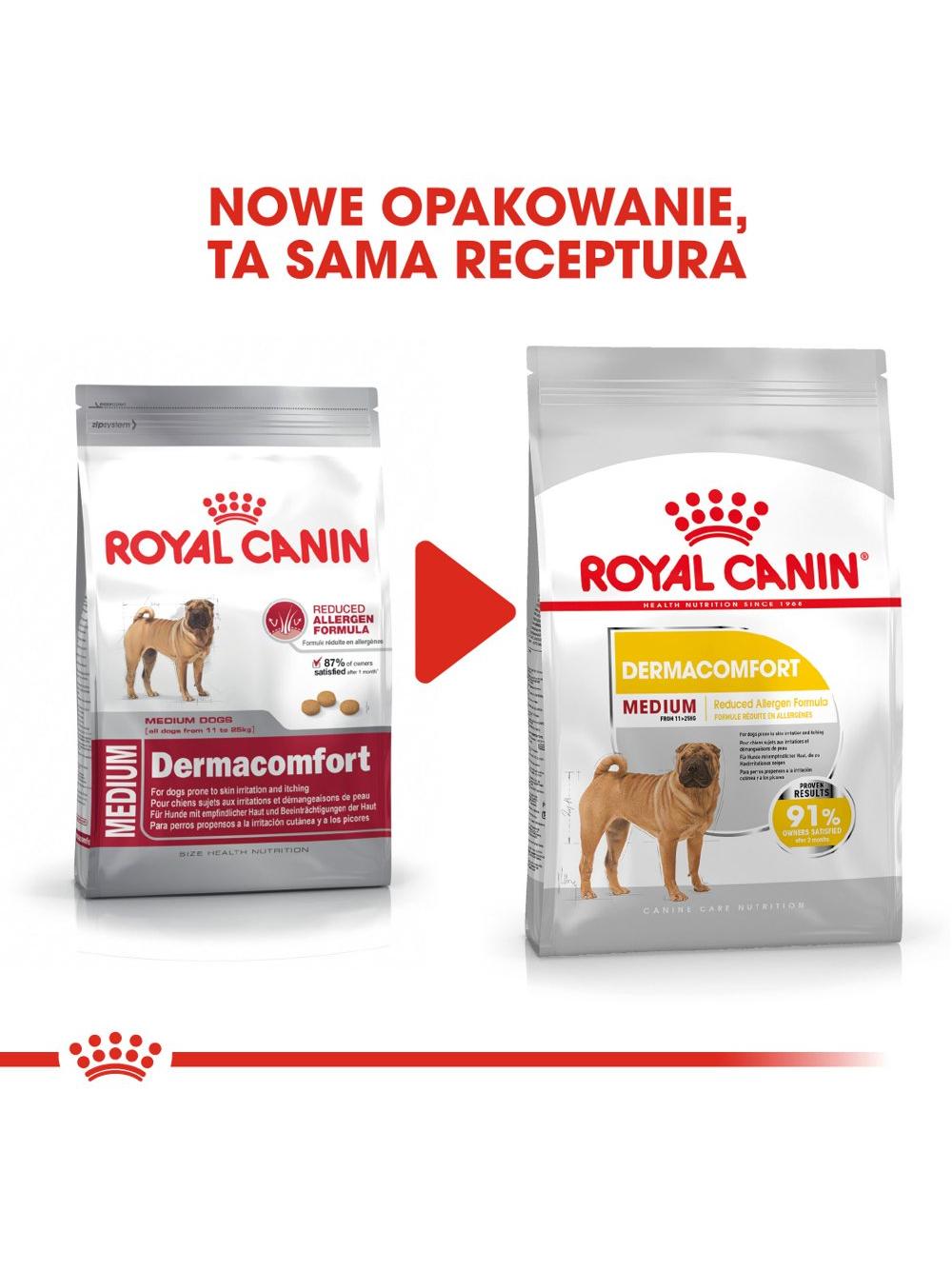ROYAL CANIN CCN Medium Dermacomfort 11,9kg karma sucha dla psów dorosłych, ras średnich, o wrażliwej skórze, skłonnej do podrażnień / Opakowanie uszkodzone (4686) !!!