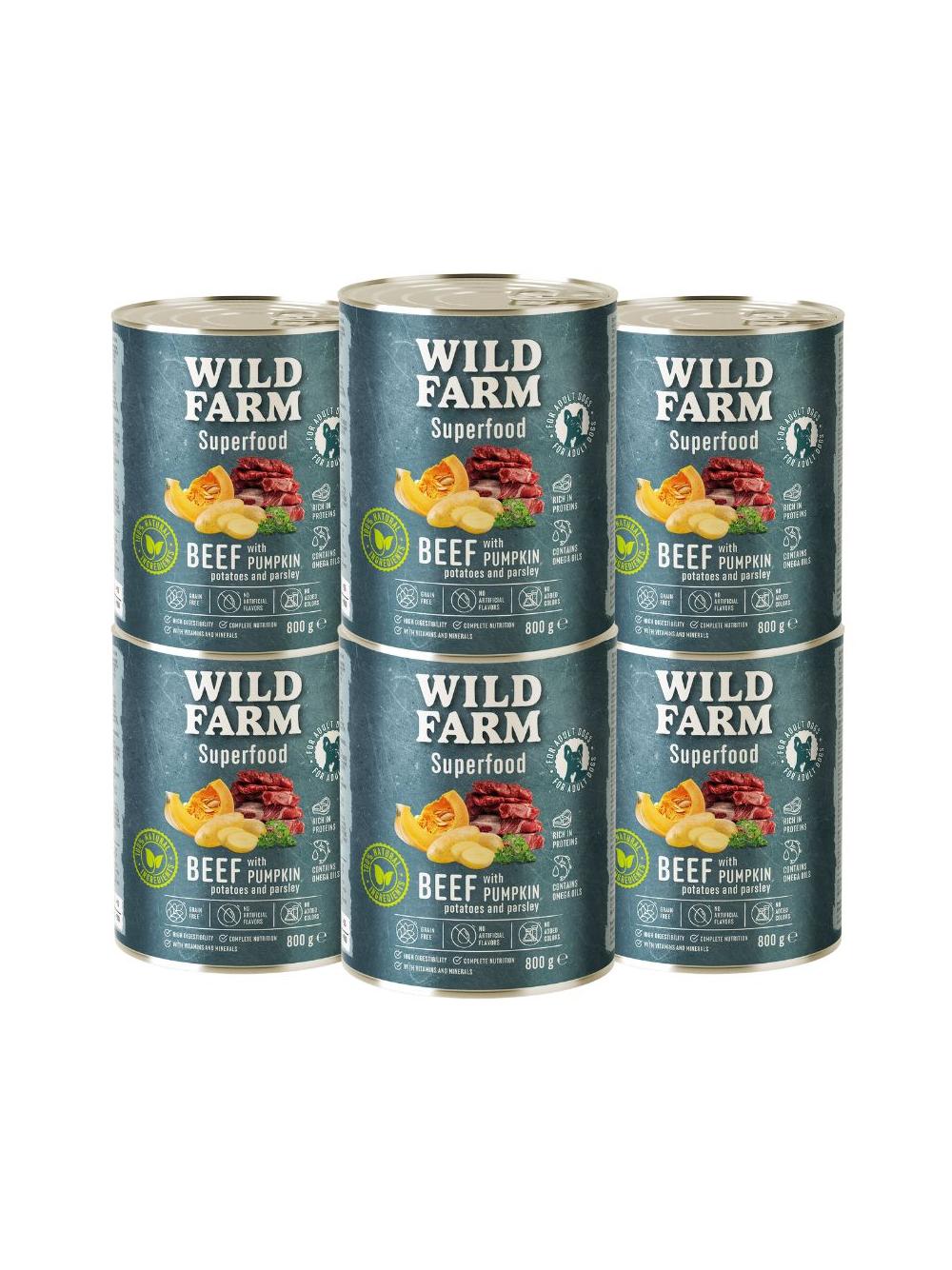 WILD FARM Superfood Beef (Wołowina z dynią, ziemniakami i natką pietruszki) 6x800g bezzbożowa karma dla psa