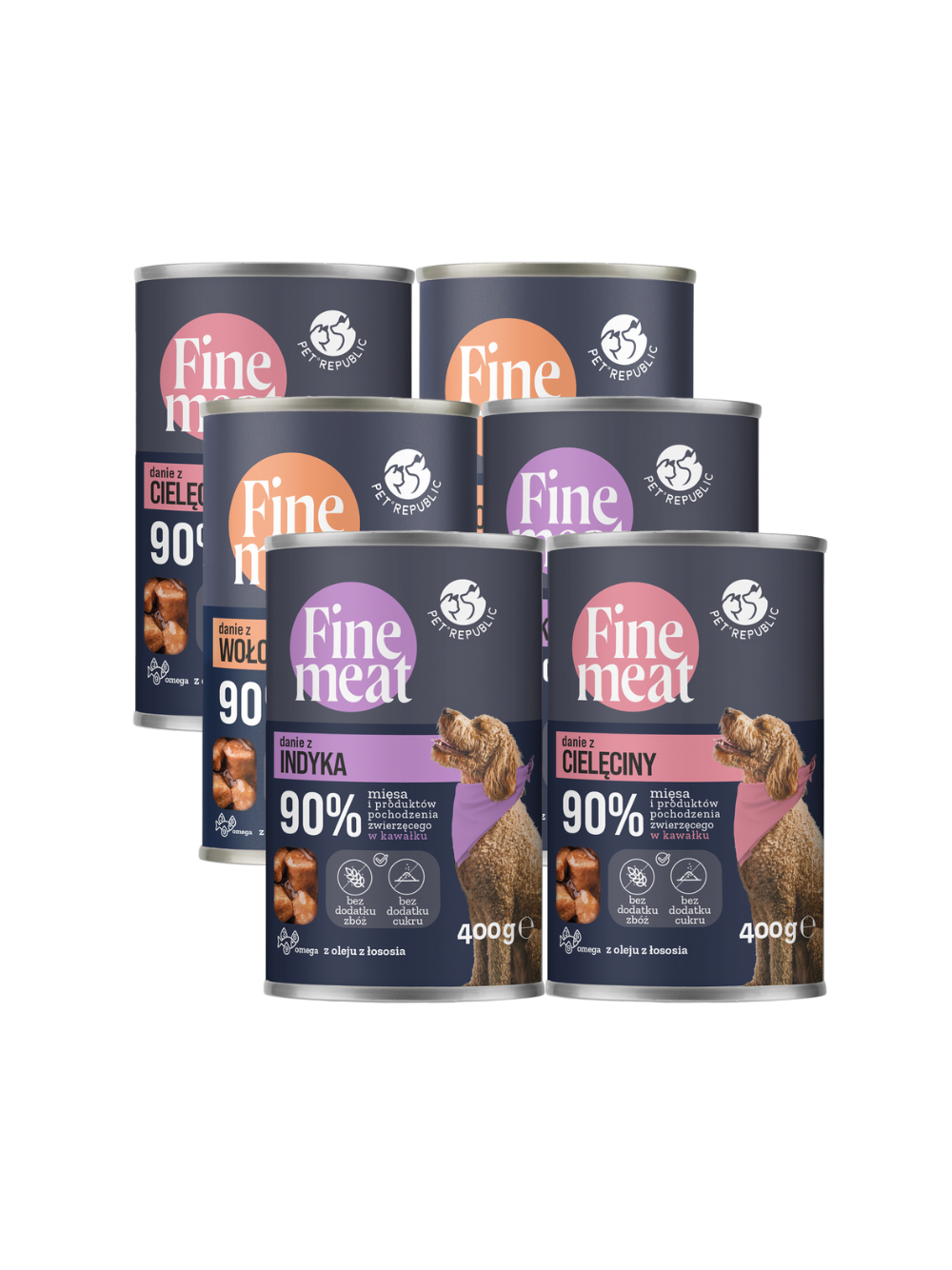 PetRepublic Fine Meat danie z cielęciny/indyka/wołowiny 6x400g (90% mięsa w kawałku) dla psa