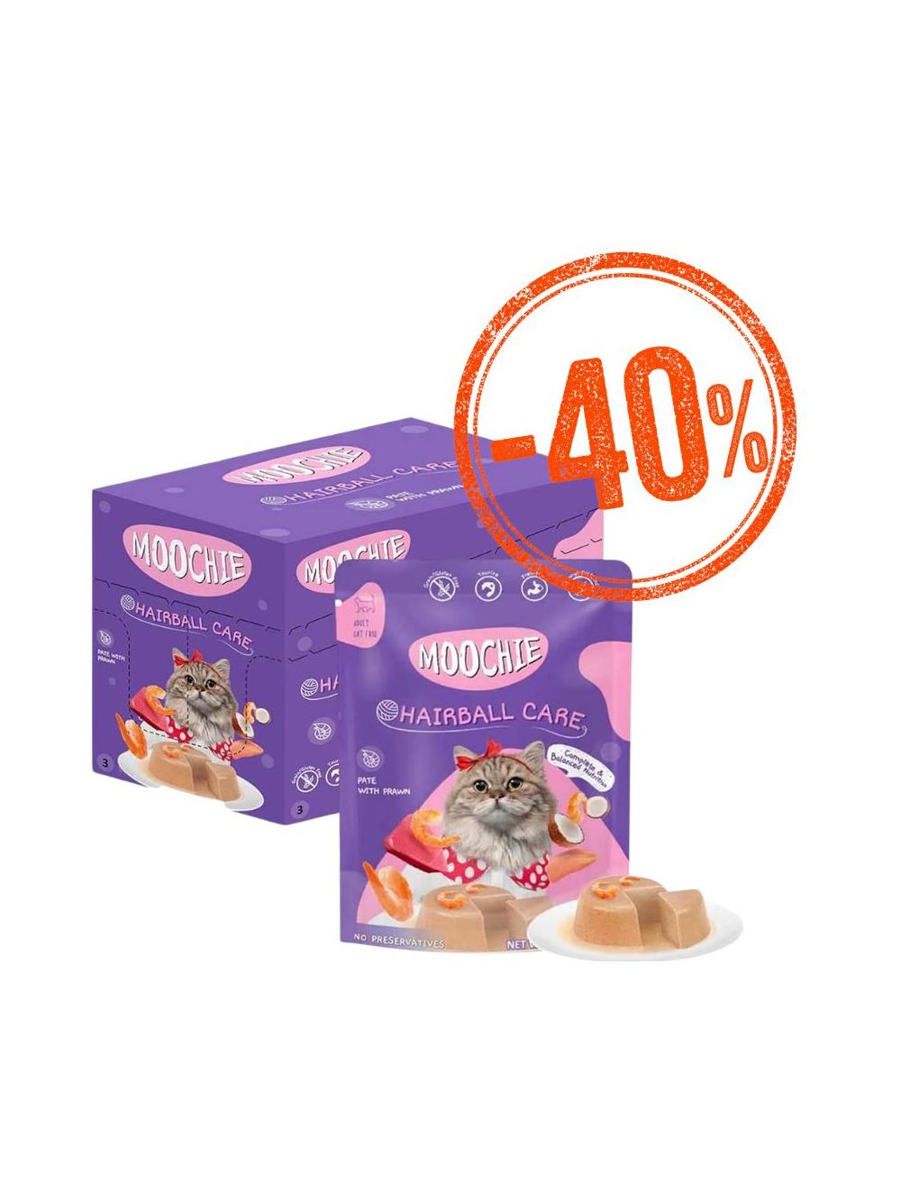 MOOCHIE Hairball Control With Prawn 12x70g wspomaga trawienie, pomagając kontrolować i redukować kule włosowe