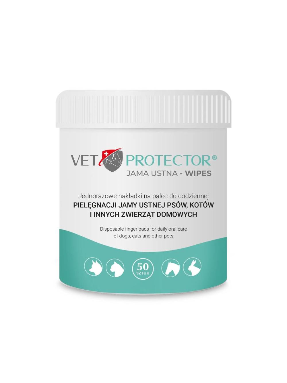 VET PROTECTOR® JAMA USTNA – WIPES nakładki na palec do higieny jamy ustnej dla psa, kota i innych zwierząt domowych 50 sztuk