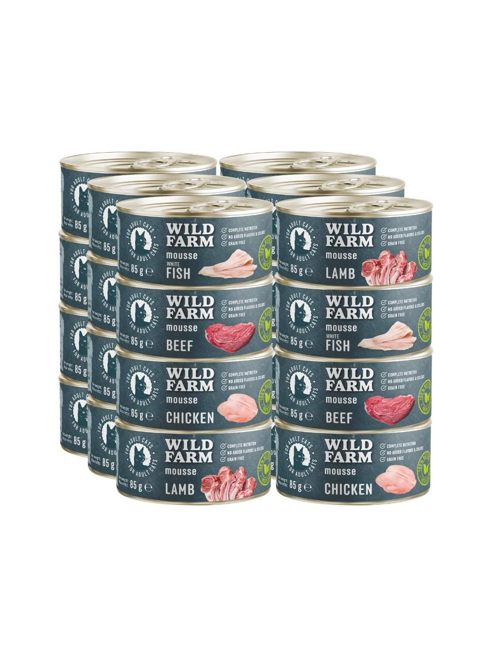 WILD FARM Mousse Mix smaków 24x85g - bezzbożowy mus dla kota