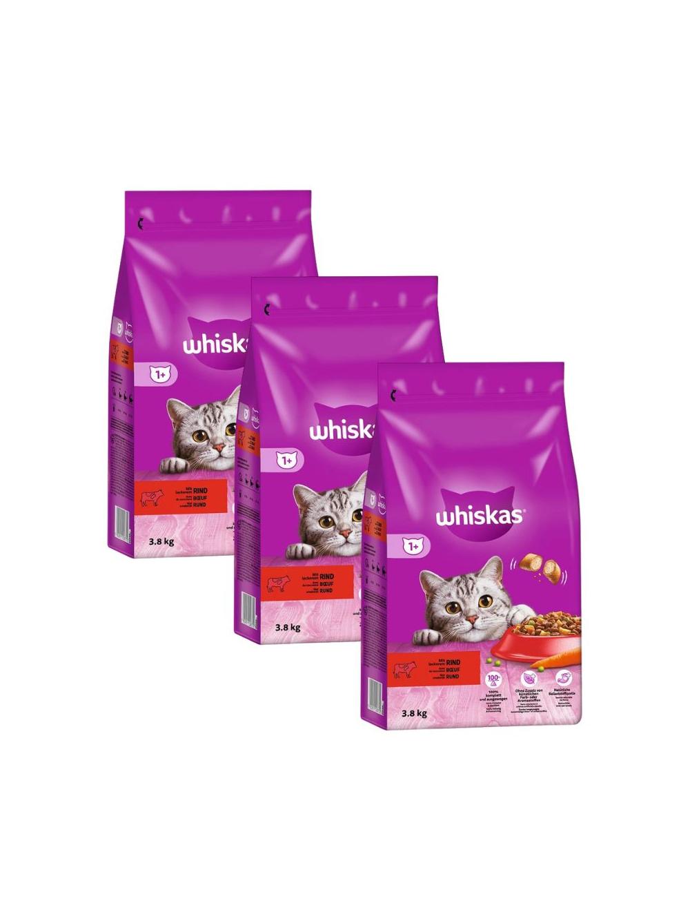 WHISKAS Adult 11,4kg (3x3,8kg) - sucha karma pełnoporcjowa dla dorosłych kotów, z pyszną wołowiną