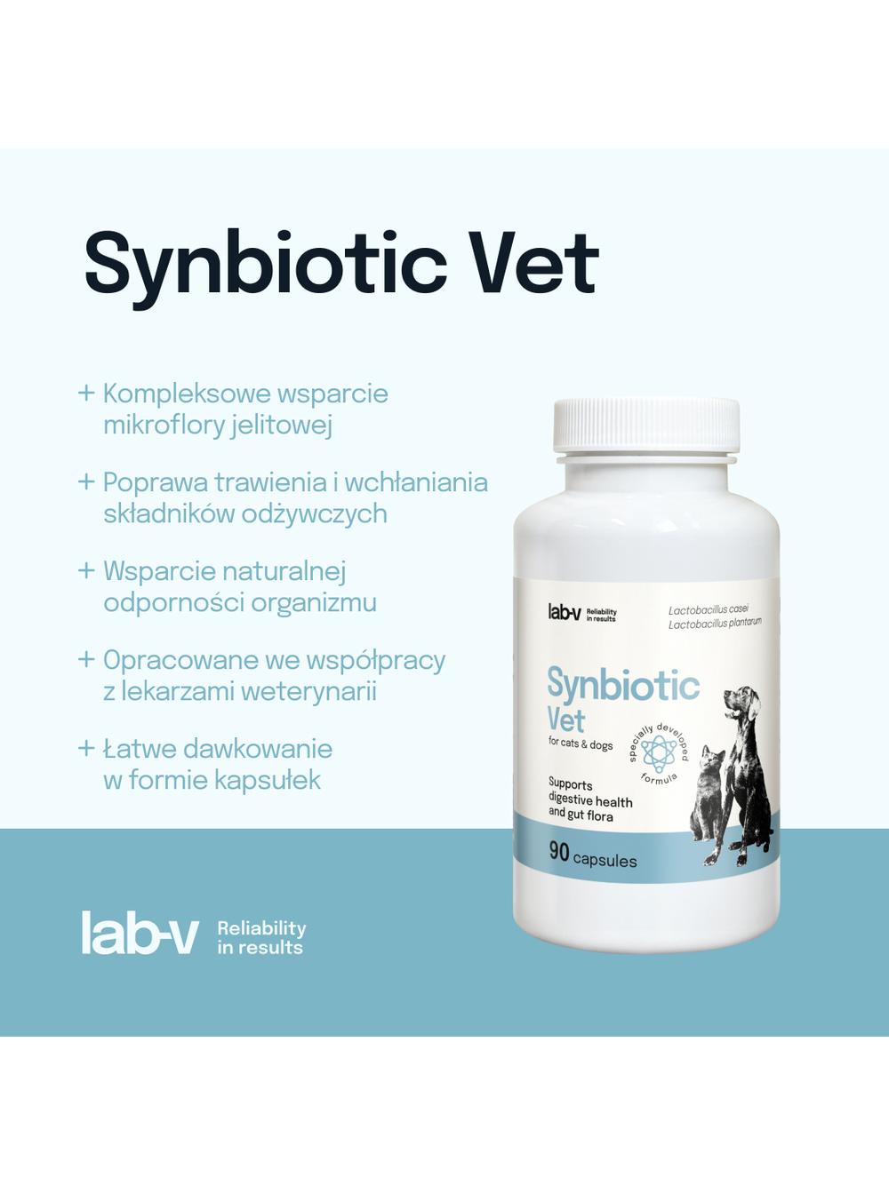 Lab-v Synbiotic Vet – Wsparcie zdrowia układu pokarmowego i mikroflory jelitowej dla psów i kotów 90 kapsułek