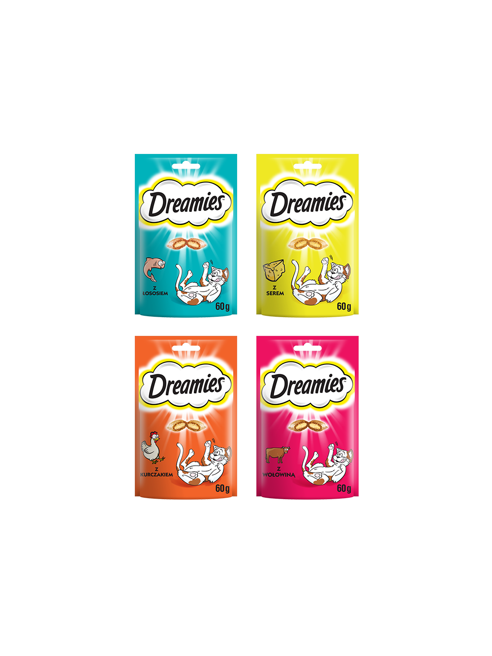 DREAMIES mega zestaw mix przysmaków dla kota 16x60g (kurczak, łosoś, ser, wołowina)