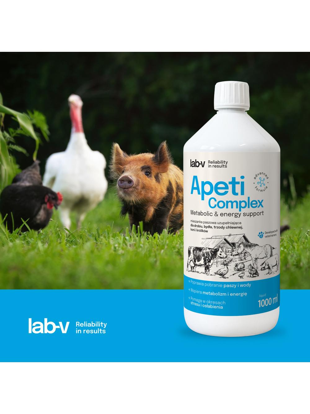 Lab-v Apeti Complex – wsparcie metabolizmu, energii i pobrania paszy dla drobiu, bydła, świń, koni i królików 1000 ml