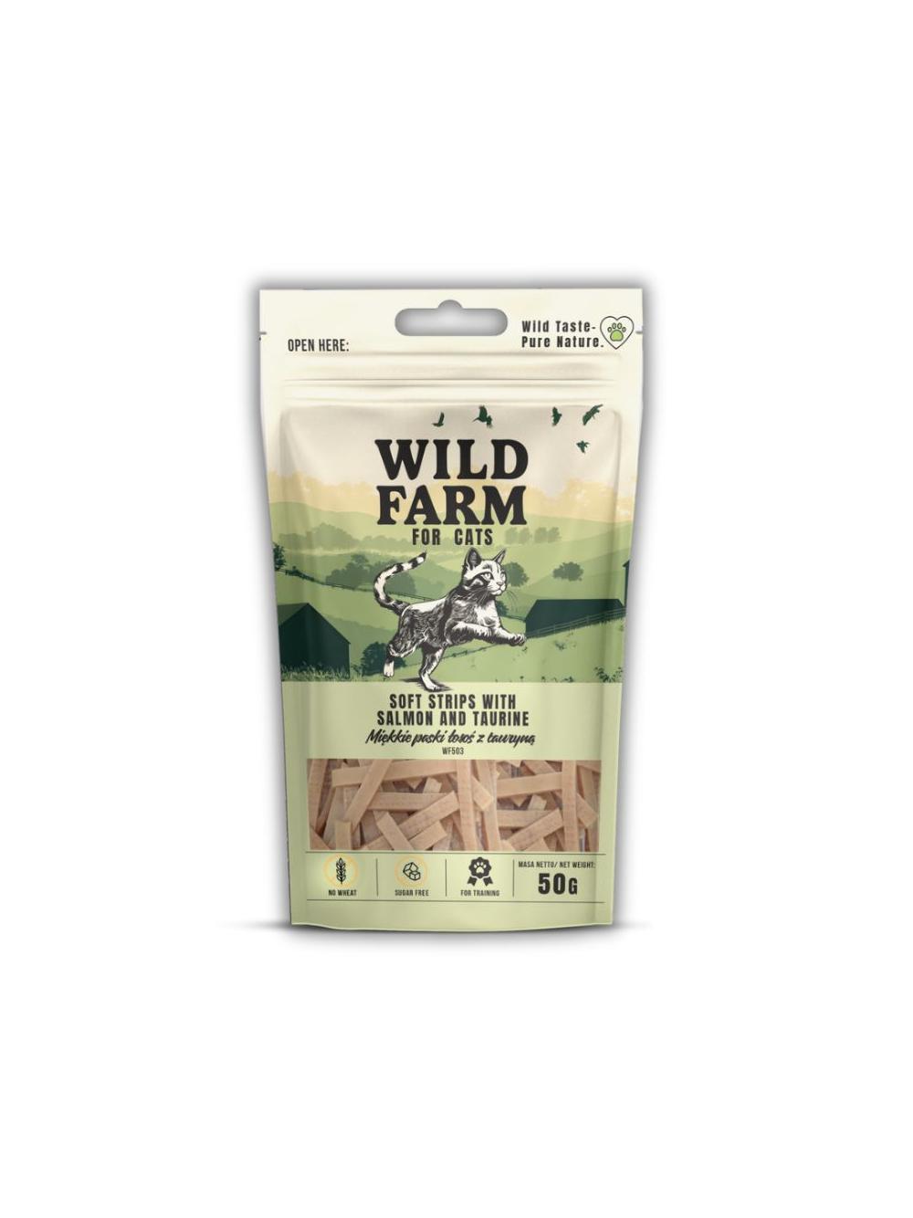 WILD FARM miękkie paski łosoś z tauryną 50g przysmak dla kota