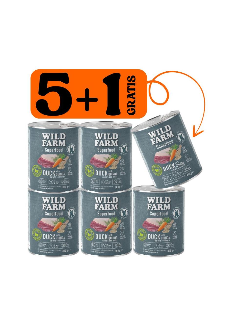 WILD FARM Superfood Duck (Kaczka z komosą ryżową, marchewką i ziołami) 5x800g + 800g GRATIS bezzbożowa karma dla psa