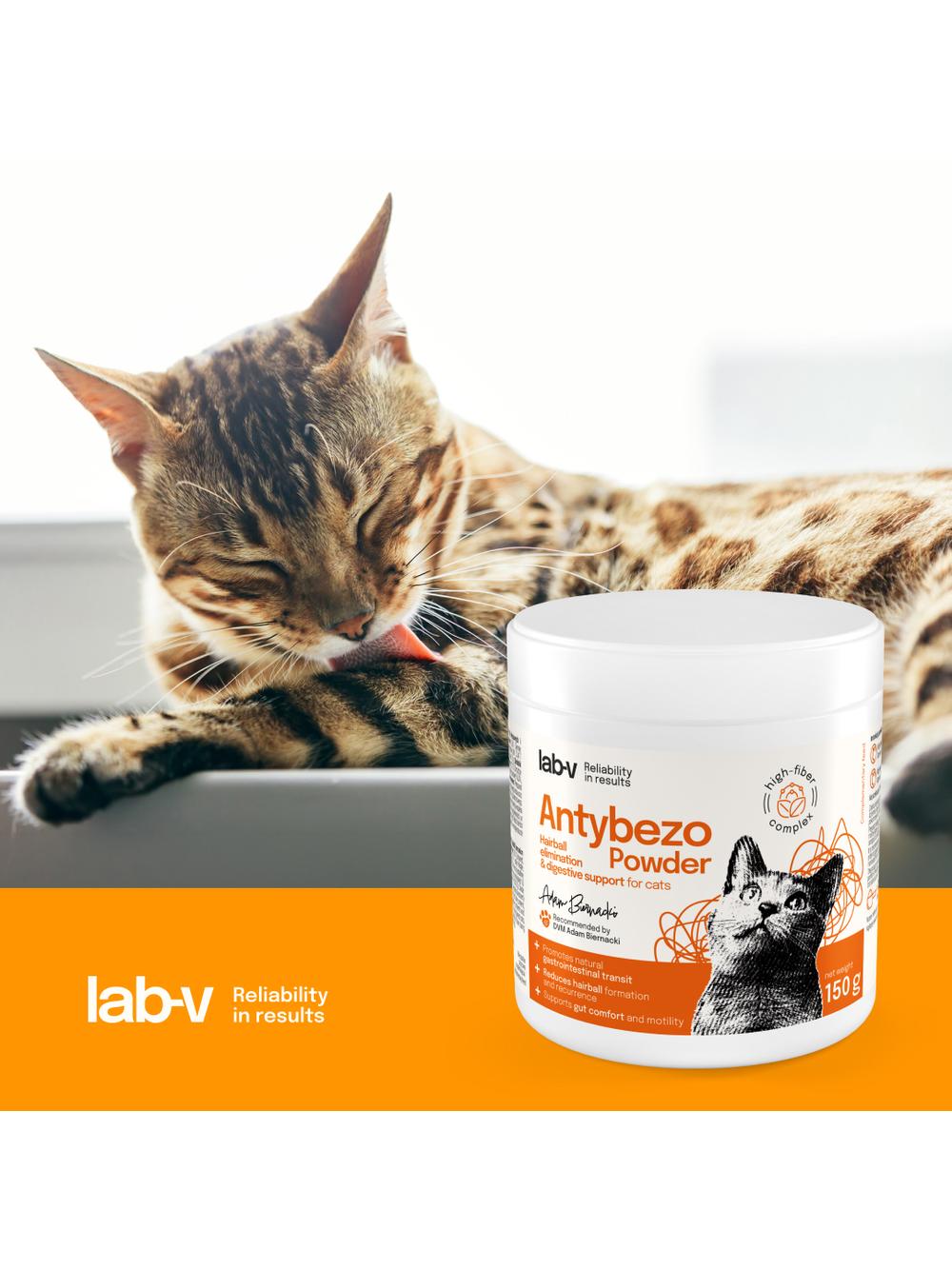 Lab-v Antybezo Powder – Wsparcie eliminacji kul włosowych i trawienia u kotów 150 g