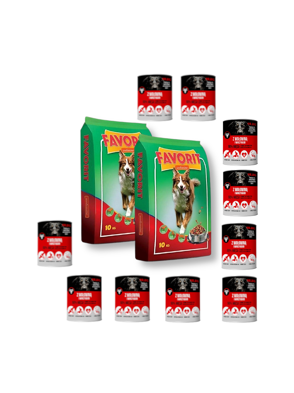 Favorit Karma sucha dla psa z wołowiną 2x10kg + Mr.BIG kawałki w sosie z wołowiną 10x400g dla psa